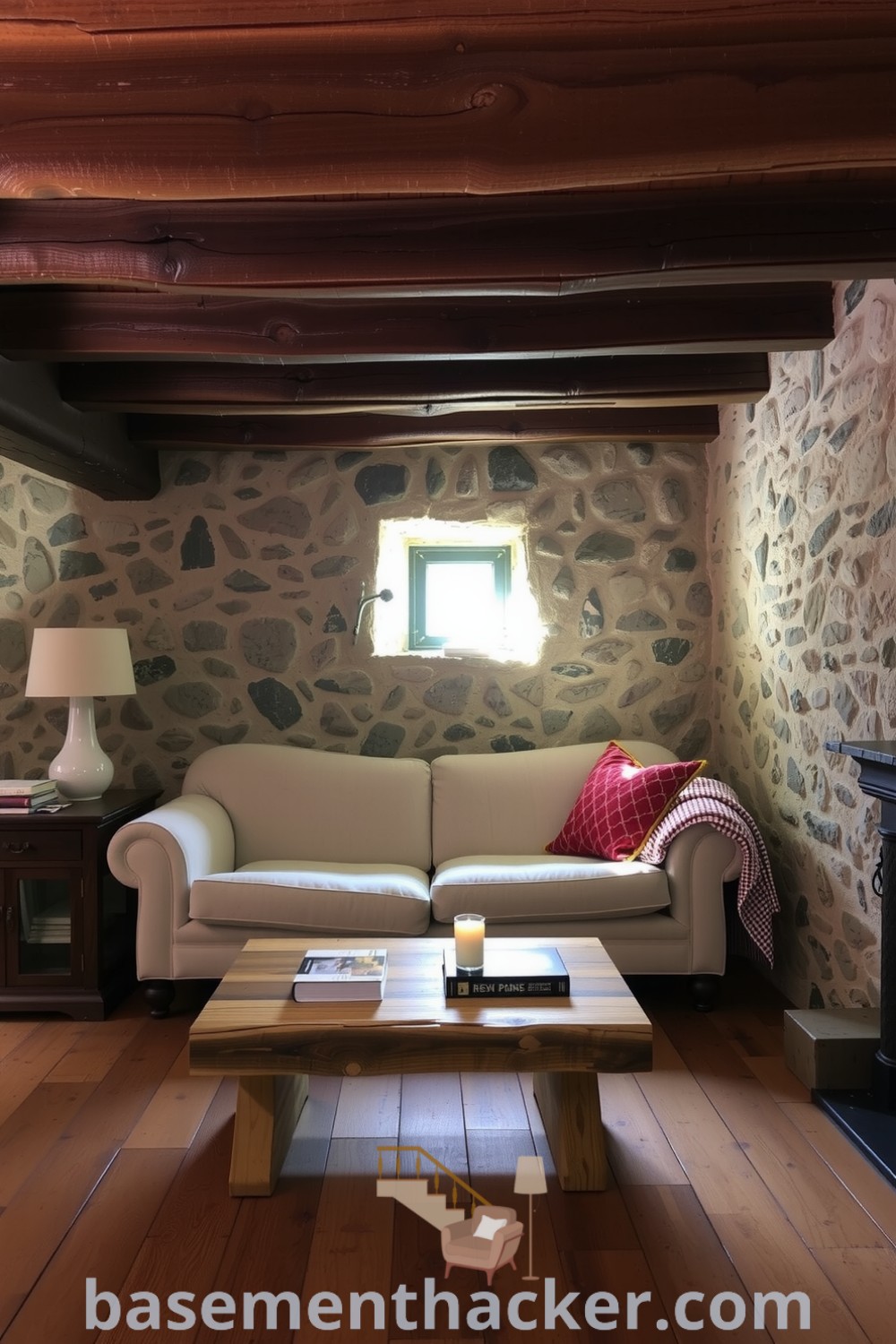 Rustic basement living room with wooden beams, stone walls, a plush sofa, handcrafted coffee table, and cozy decor ideas, perfect for a stylish bonus space showcased on basementhacker.com.
