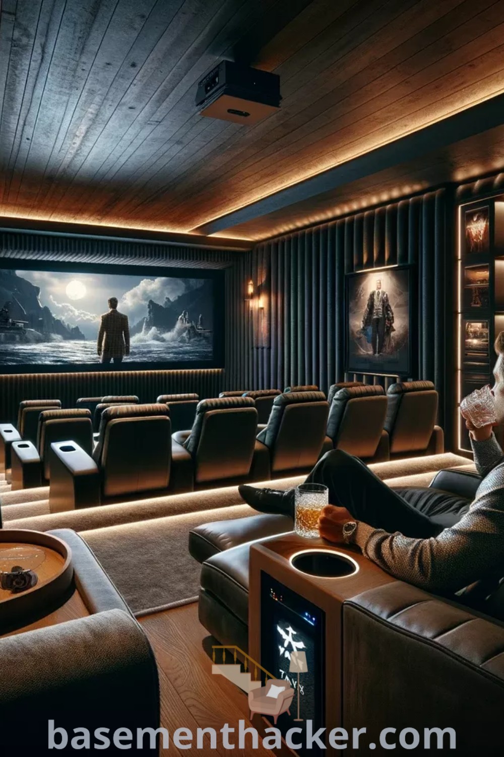 A cozy home theater featuring a man sitting on a couch in front of a TV, surrounded by thoughtful decor for a modern entertainment room. This setup embodies innovative ideas for designing a basement cinema room, making it a stylish and functional space for family movie nights. Explore more designs at basementhacker.com.