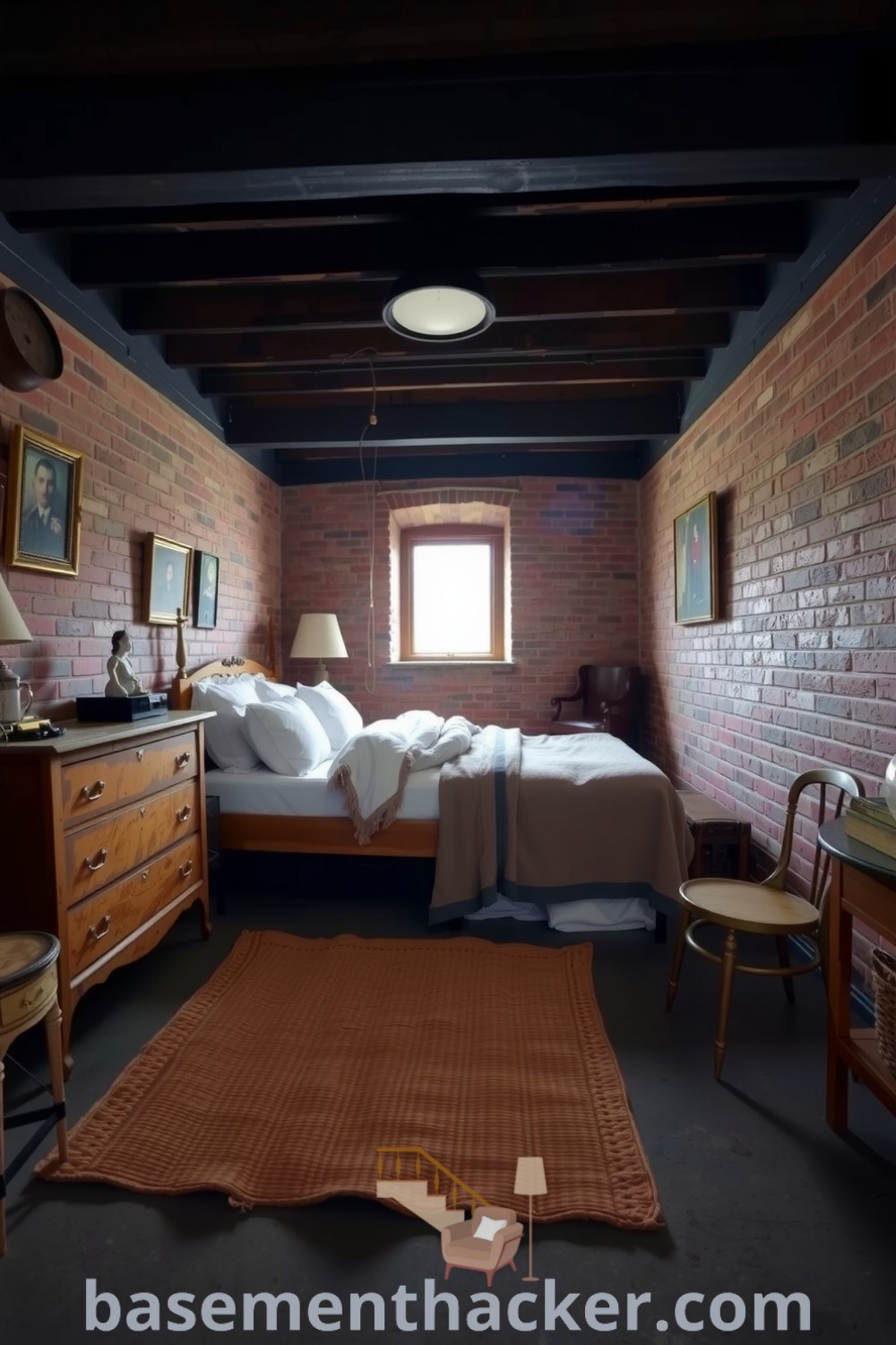 Charming basement bedroom with exposed brick walls, a warm wooden bed, vintage furniture, and cozy decor, featured on basementhacker.com, for Innovative Basement Makeover Ideas for a Stunning Revamp.