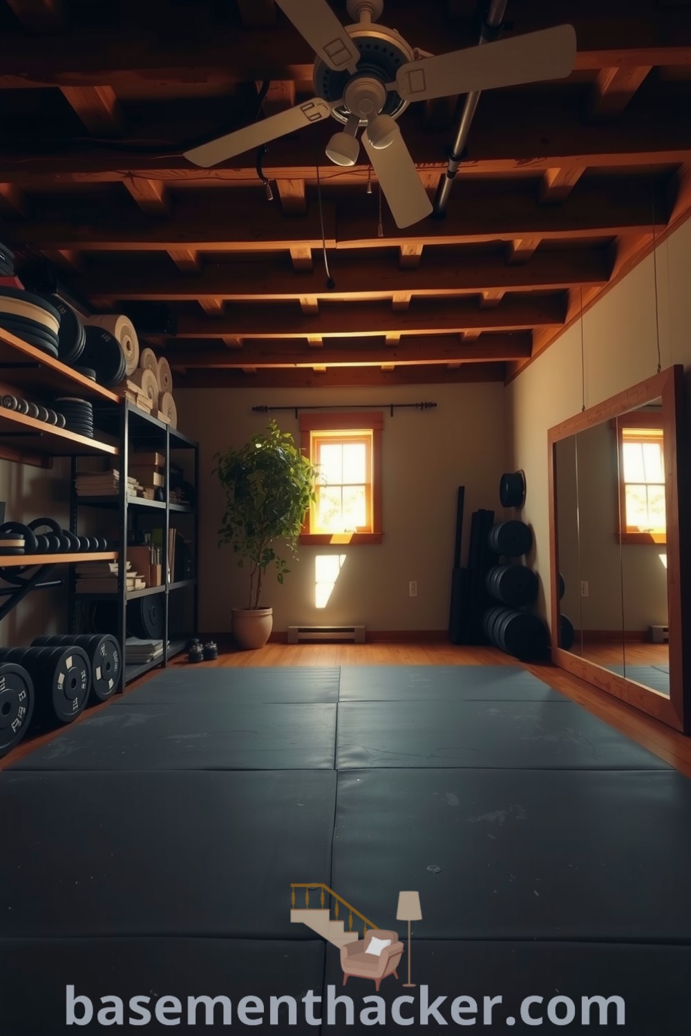 Cozy basement gym with a worn mat, rustic wooden beams, weights on shelves, and warm sunlight filtering through a window, perfect for fitness enthusiasts and innovative basement makeover ideas, showcased on basementhacker.com.