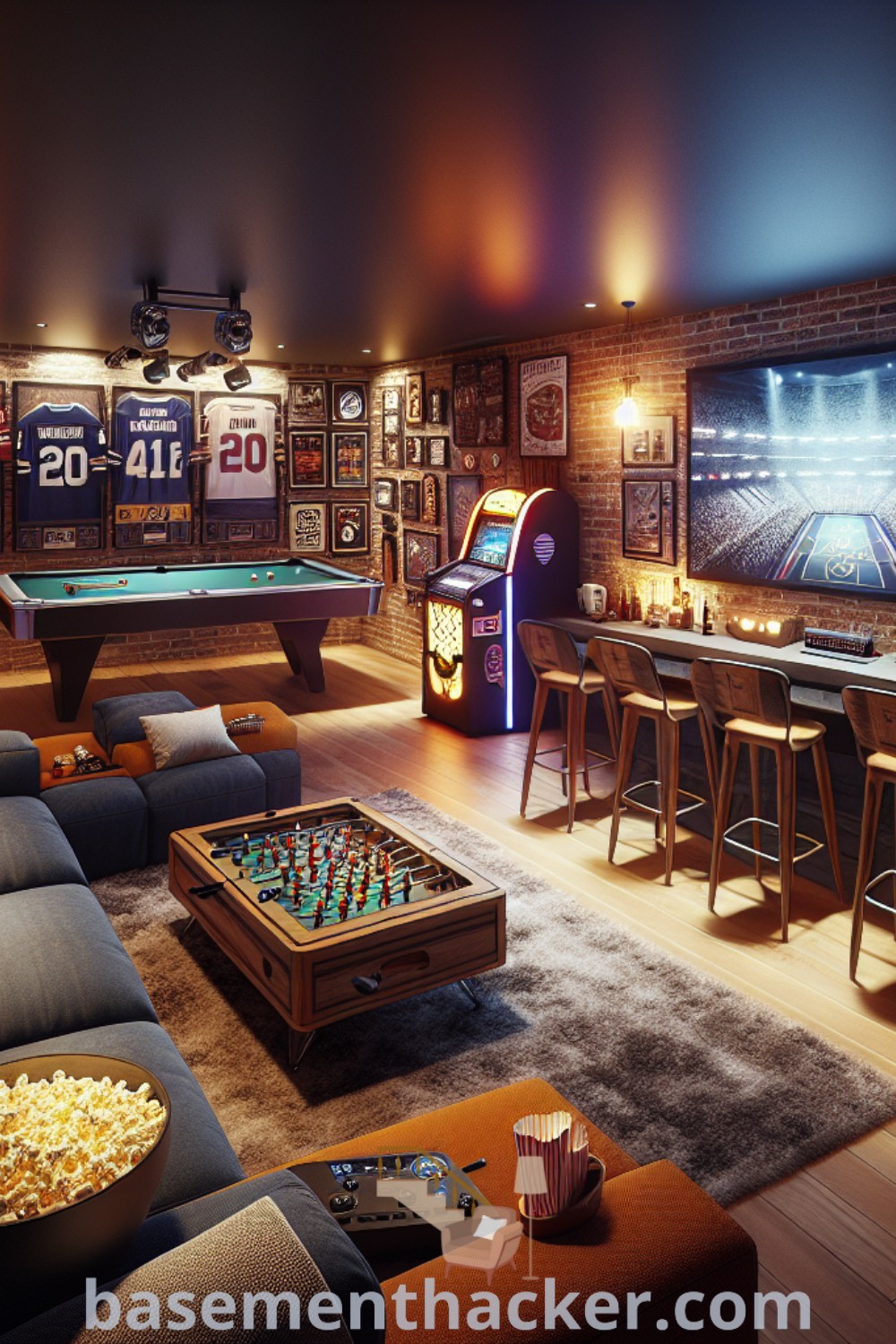 A cozy and stylish man cave featuring a large TV with surround sound, a vintage jukebox, a pool table, and a mini-bar, enhanced with framed sports memorabilia. Discover awesome ideas for ultimate entertaining and innovative designs for basement makeovers that can turn any space into a fantastic lounge area at basementhacker.com.