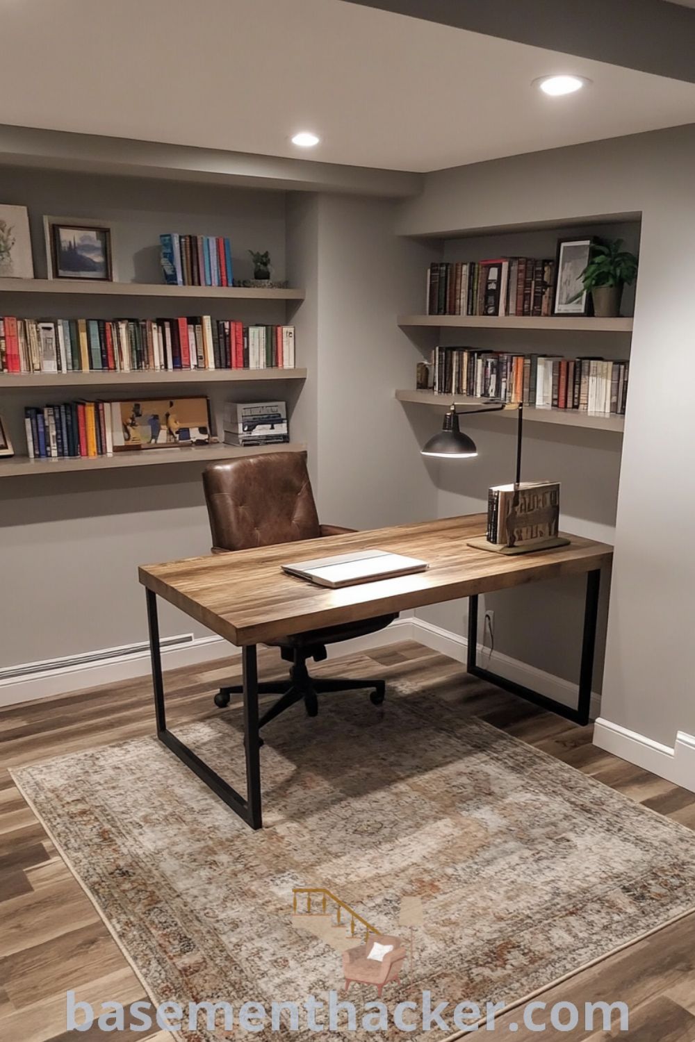 Stylish modern basement office featuring a wooden desk, ergonomic chair, natural light, and cozy decor, perfect for innovative ideas for designing a functional home workspace, found on basementhacker.com.