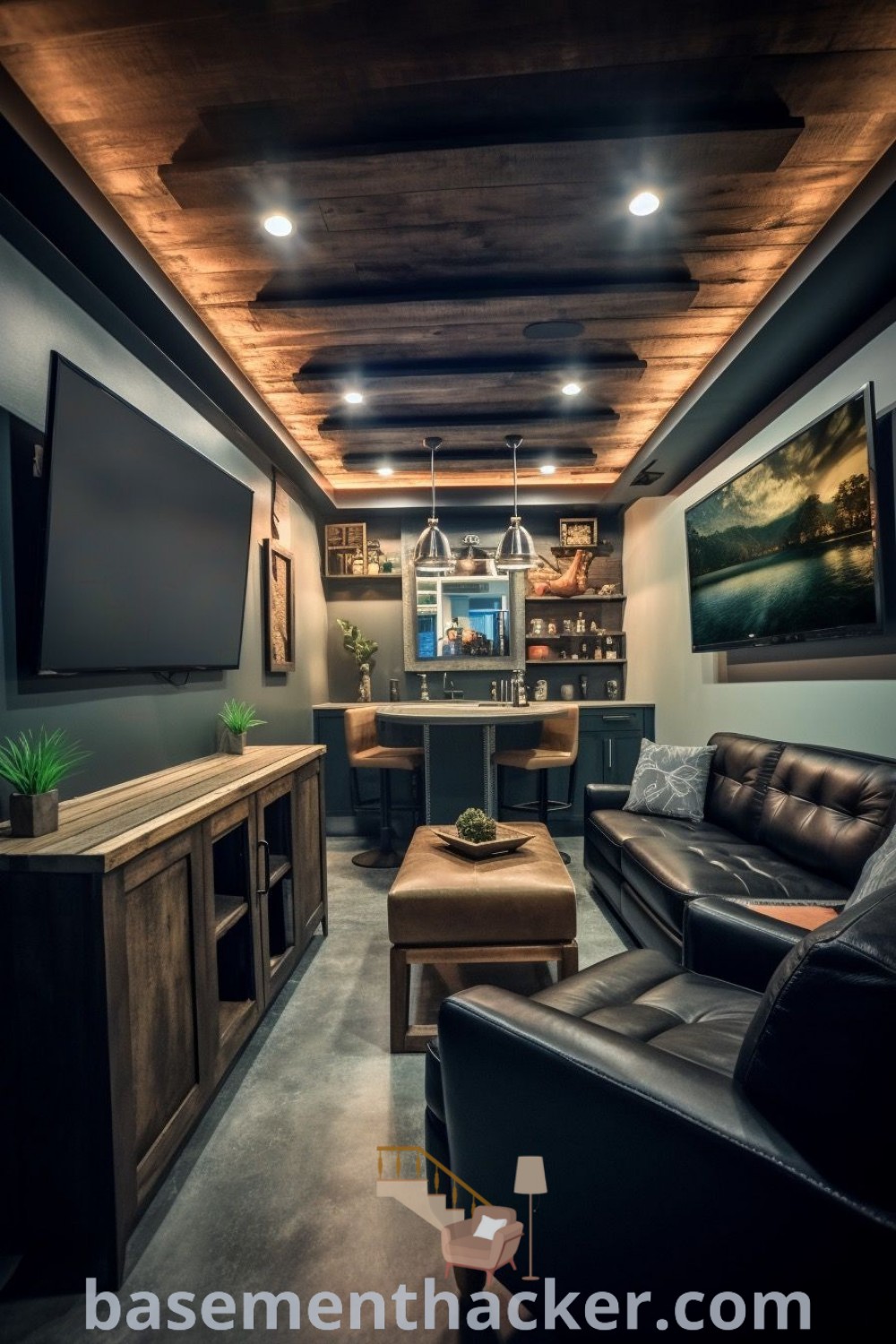 A stylish home lounge bar space featuring a flat-screen TV and furniture, ideal for a man cave whiskey room or basement speakeasy. This design offers innovative ideas for a cozy and organized home, making it a perfect area for ultimate entertaining and family enjoyment. Explore more design ideas at basementhacker.com.