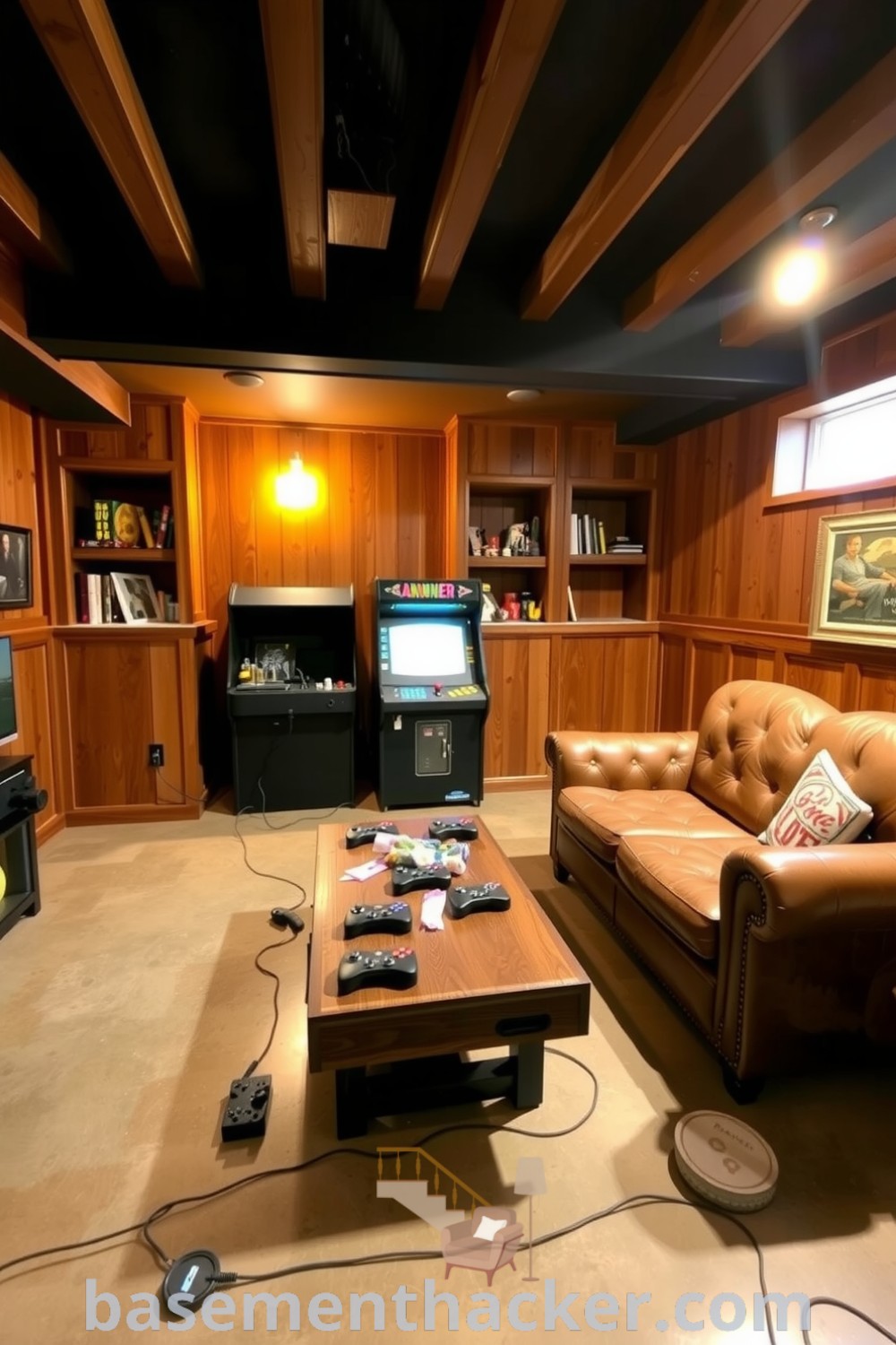 Inviting basement game room featuring wooden paneling, a leather couch, vintage arcade machine, and rustic coffee table, illuminated with soft lighting for ultimate entertaining, showcased on basementhacker.com.