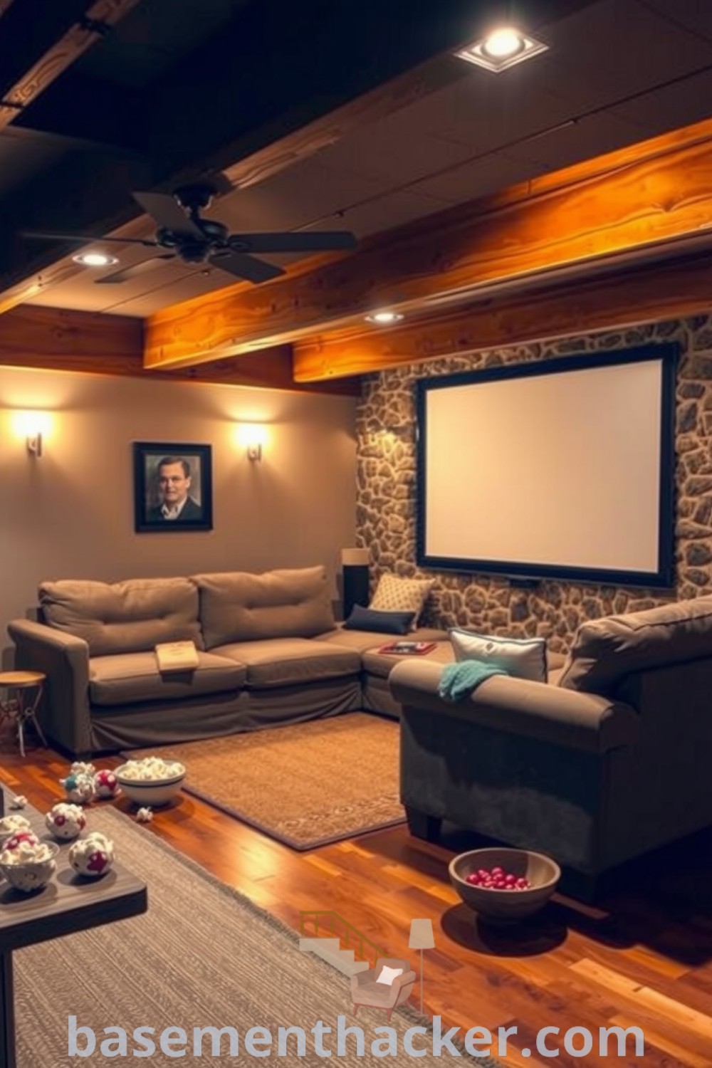 Cozy basement designed for movie nights, featuring a plush sofa, projector screen, rustic accents, and inviting lighting for the ultimate entertaining experience, presented on basementhacker.com.