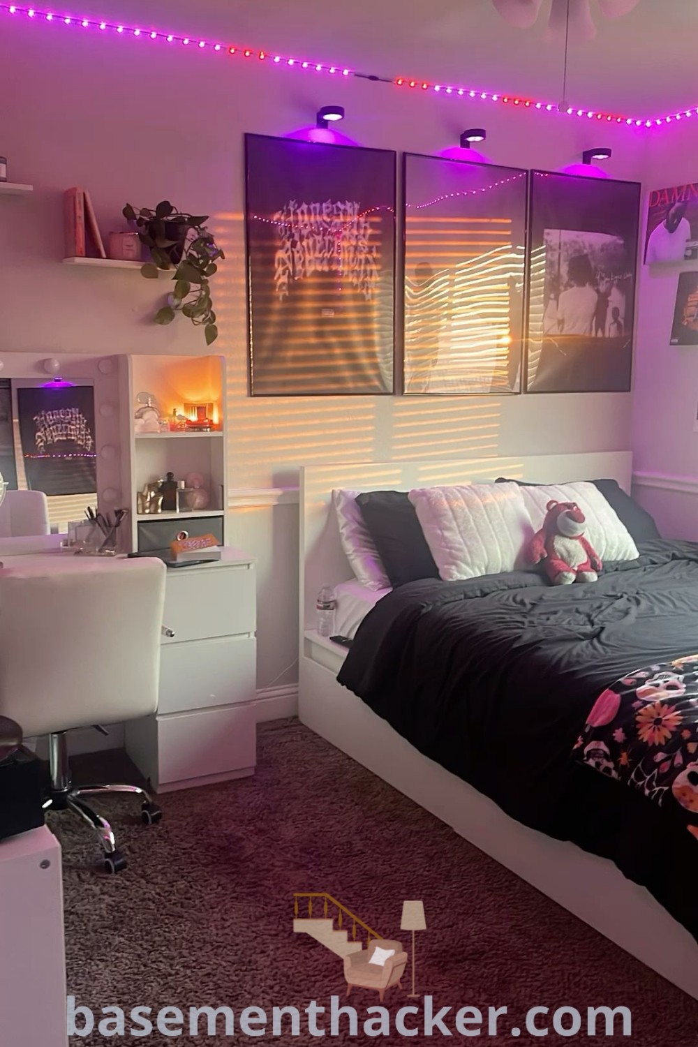 A cozy bedroom with a neatly made bed adorned with soft purple lights, showcasing organization ideas for small rooms and innovative LED decor. This space is perfect for chill vibes and stylish home design, offering creative inspiration for cozy and organized living. Discover more unique decor tips at basementhacker.com.