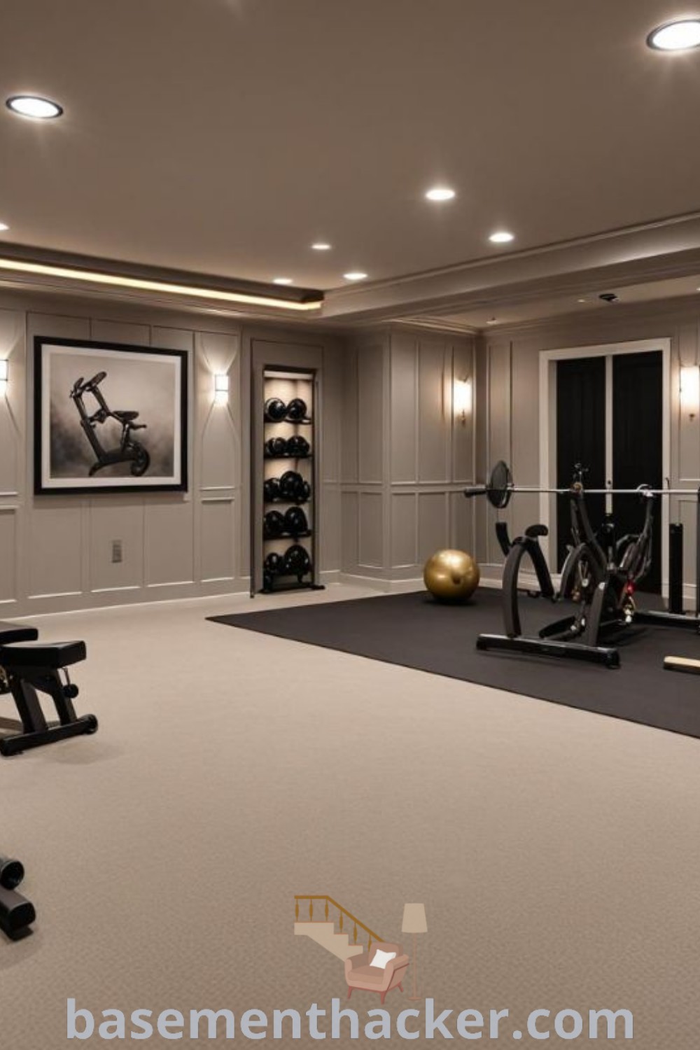 A modern home gym with exercise equipment centrally located, flanked by stylish lights, embodying the ultimate in-home gym luxury. This setup offers innovative design ideas for creating a dream workout room at home, capturing both aesthetic appeal and functional benefits. Explore more at basementhacker.com.