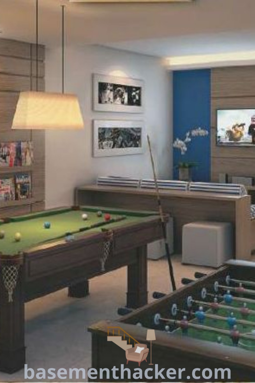 A lively game room featuring a pool table, foosball tables, and various other game items, designed for stylish and functional home entertainment. This space offers innovative ideas for designing a perfect game room while being a great example of basementhacker.com decor inspiration.
