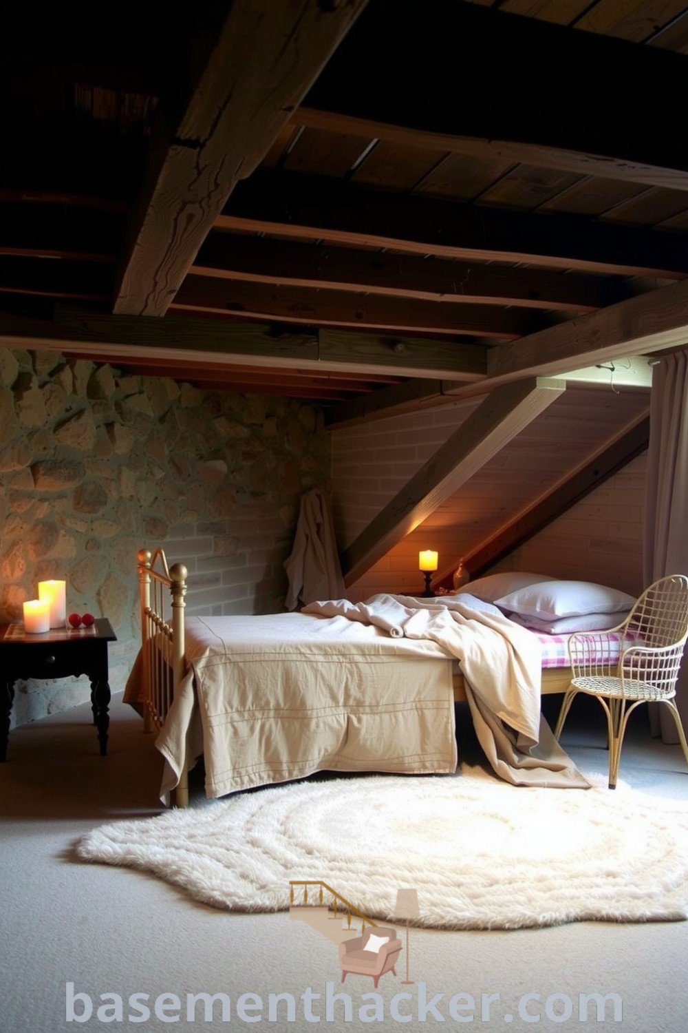 Cozy basement bedroom featuring exposed wooden beams, stone walls, vintage iron bed, and warm candlelight, showcasing innovative ideas for a stylish bonus space and rustic charm on basementhacker.com.