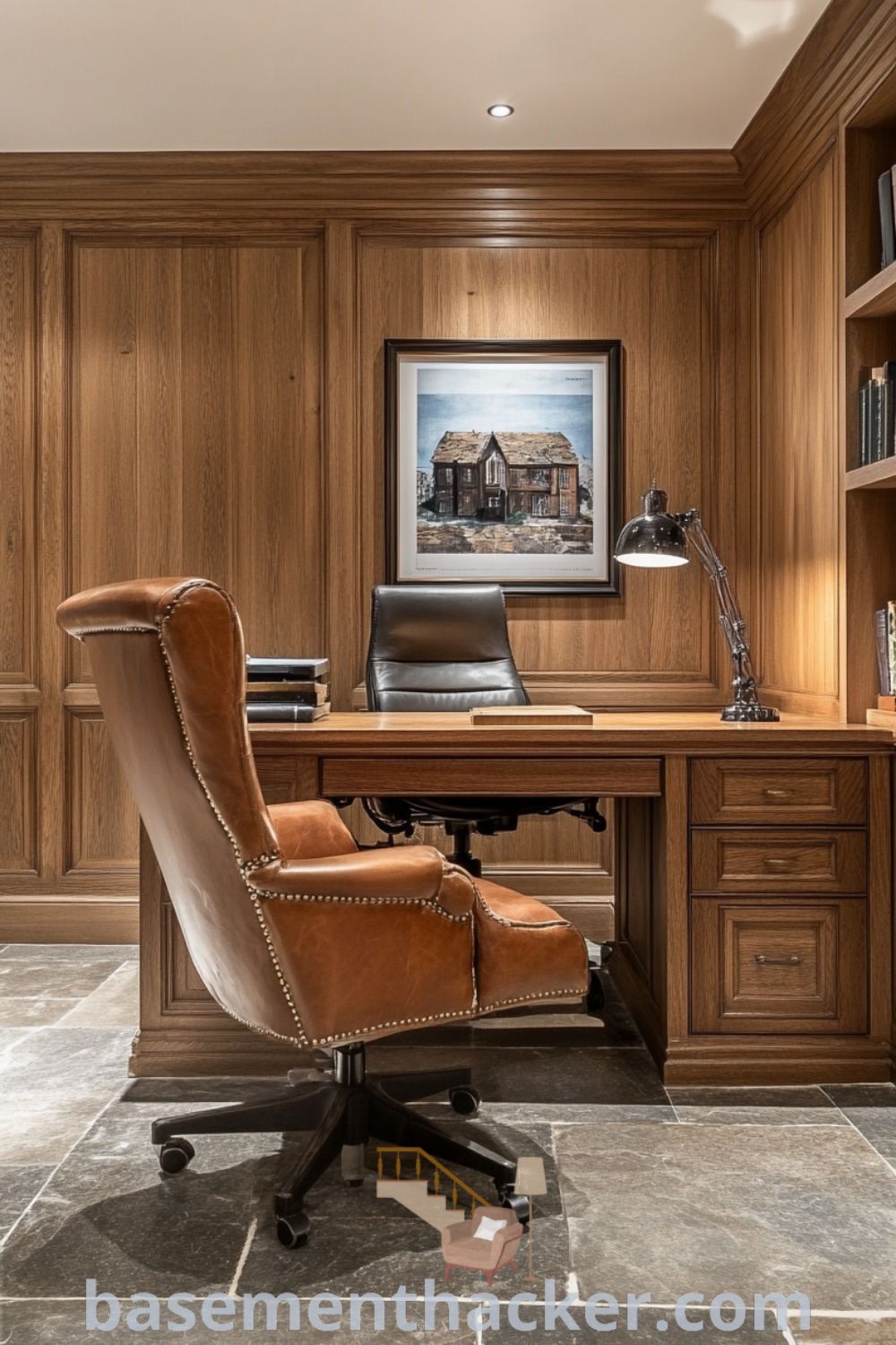Warm basement home office featuring wooden paneling, oak desk, vintage leather chair, and ambient lighting, perfect for cozy and organized home design, showcased on basementhacker.com.
