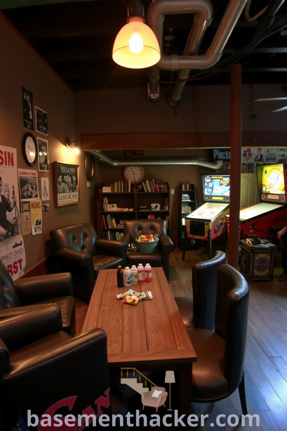 Welcoming basement game room featuring leather chairs, a reclaimed wood coffee table, vintage posters, and a pinball machine, ideal for family gatherings and entertaining, found on basementhacker.com.
