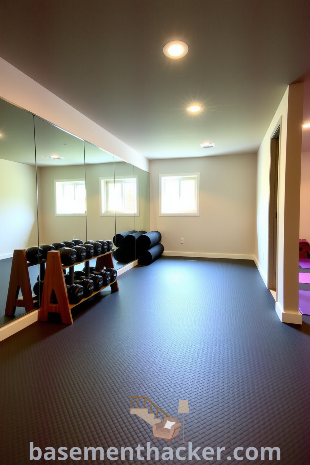 Inviting basement fitness room with rubber flooring, mirrors reflecting natural light, organized dumbbells, and yoga mats, creating a stylish and functional home design, showcased on basementhacker.com.