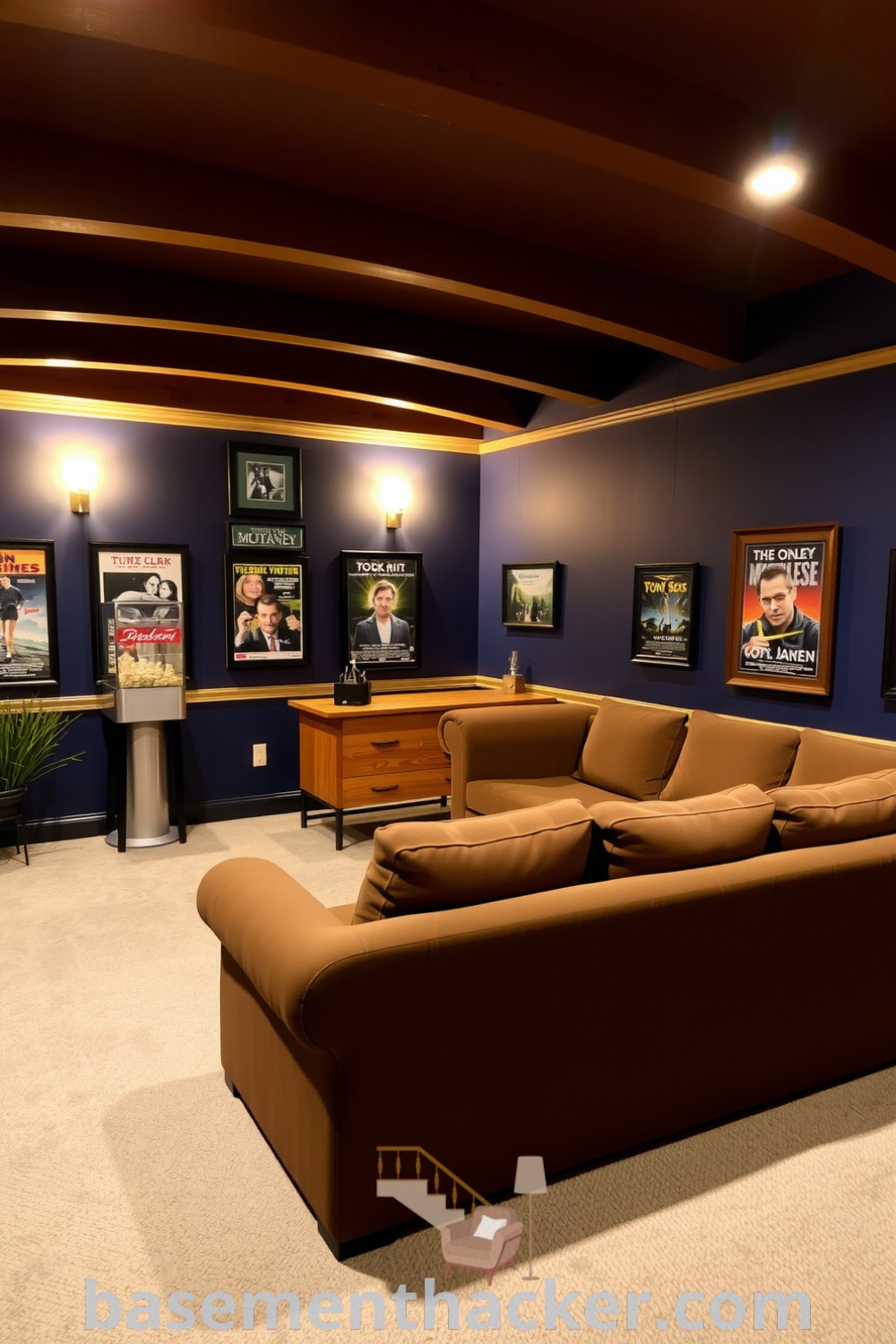Cozy basement movie room featuring an oversized couch, navy walls, nostalgic movie posters, soft lighting, and a popcorn machine, with innovative basement makeover ideas for a stylish and functional home design, showcased on basementhacker.com.