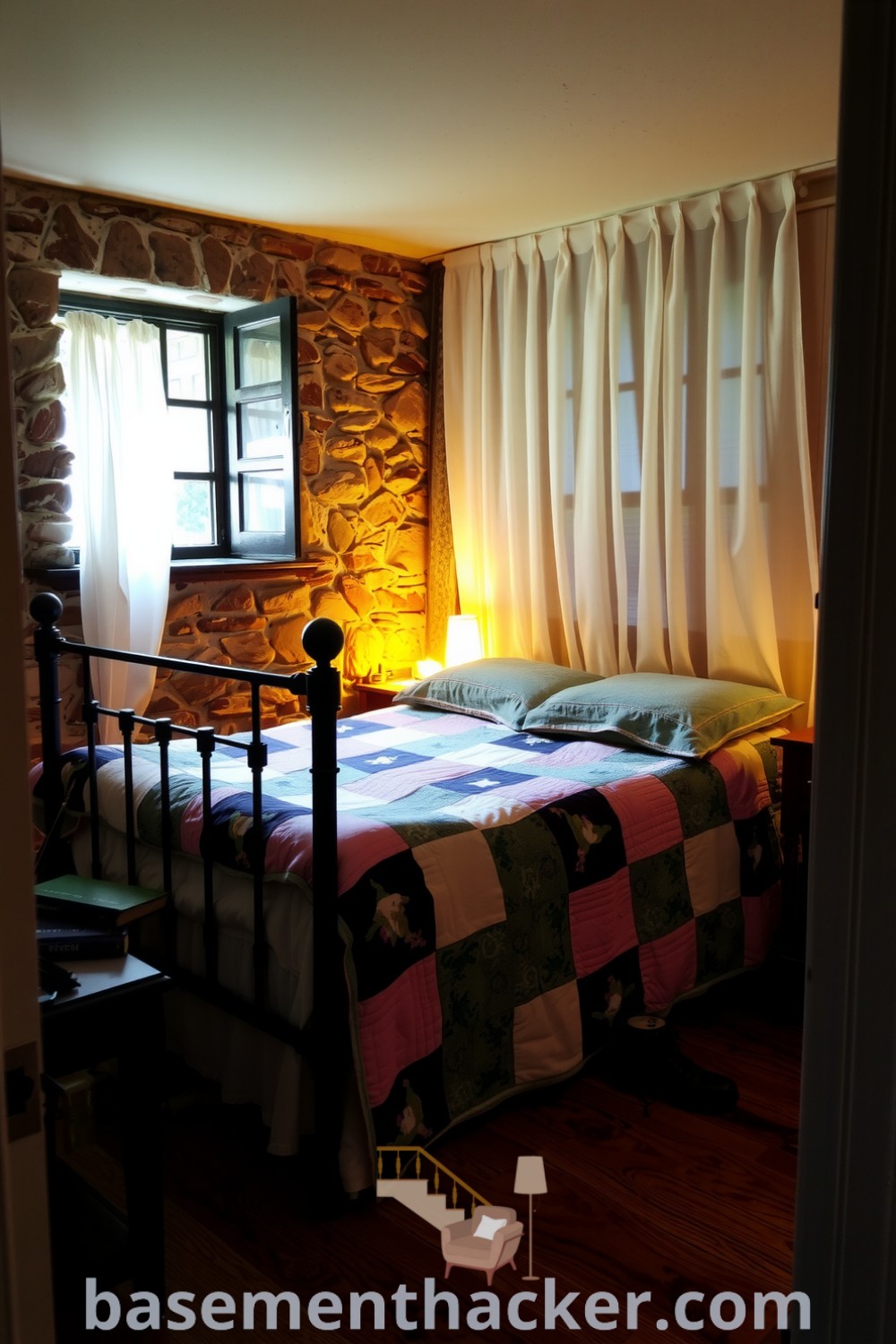 Comfortable and inviting basement bedroom with a vintage iron bedstead, patchwork quilt, and flickering candle, perfect for relaxation and reflection, featured on basementhacker.com.