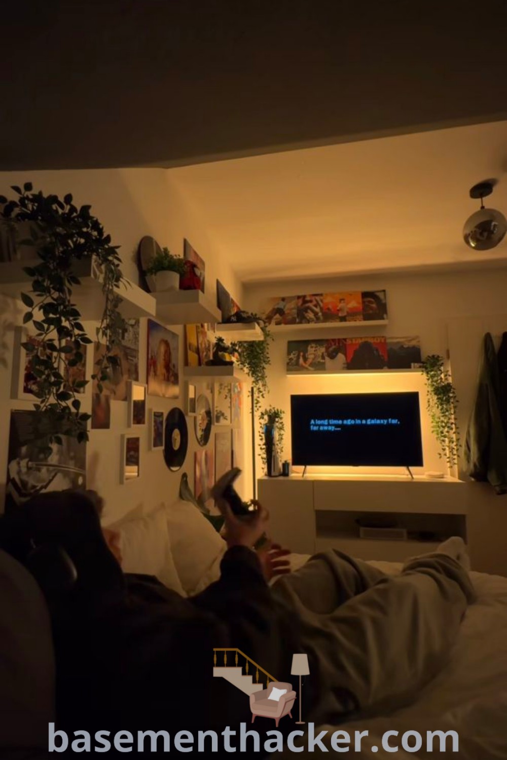 A beautifully designed long bedroom featuring music aesthetic decor, jazz-themed elements, and stylish street style accents for ultimate comfort. Discover practical decorating ideas on basementhacker.com that maximize space while offering a cozy sanctuary.