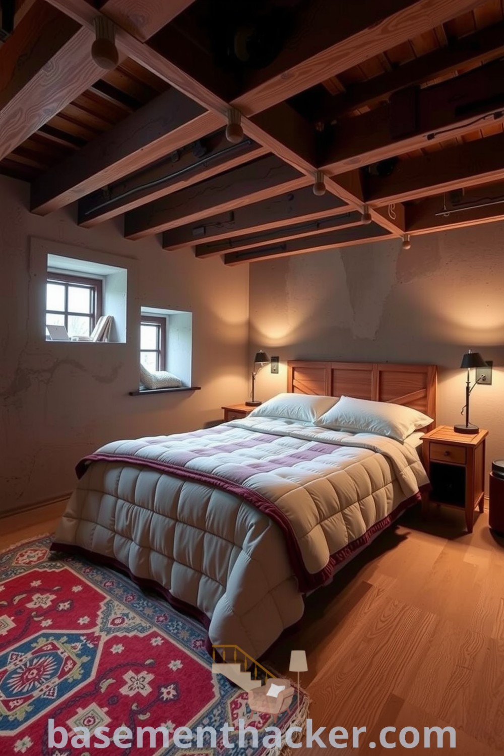 Warm basement bedroom featuring exposed wooden beams, an oversized bed, handmade nightstands, and a colorful rug, offering innovative basement makeover ideas for a cozy and organized home, showcased on basementhacker.com.