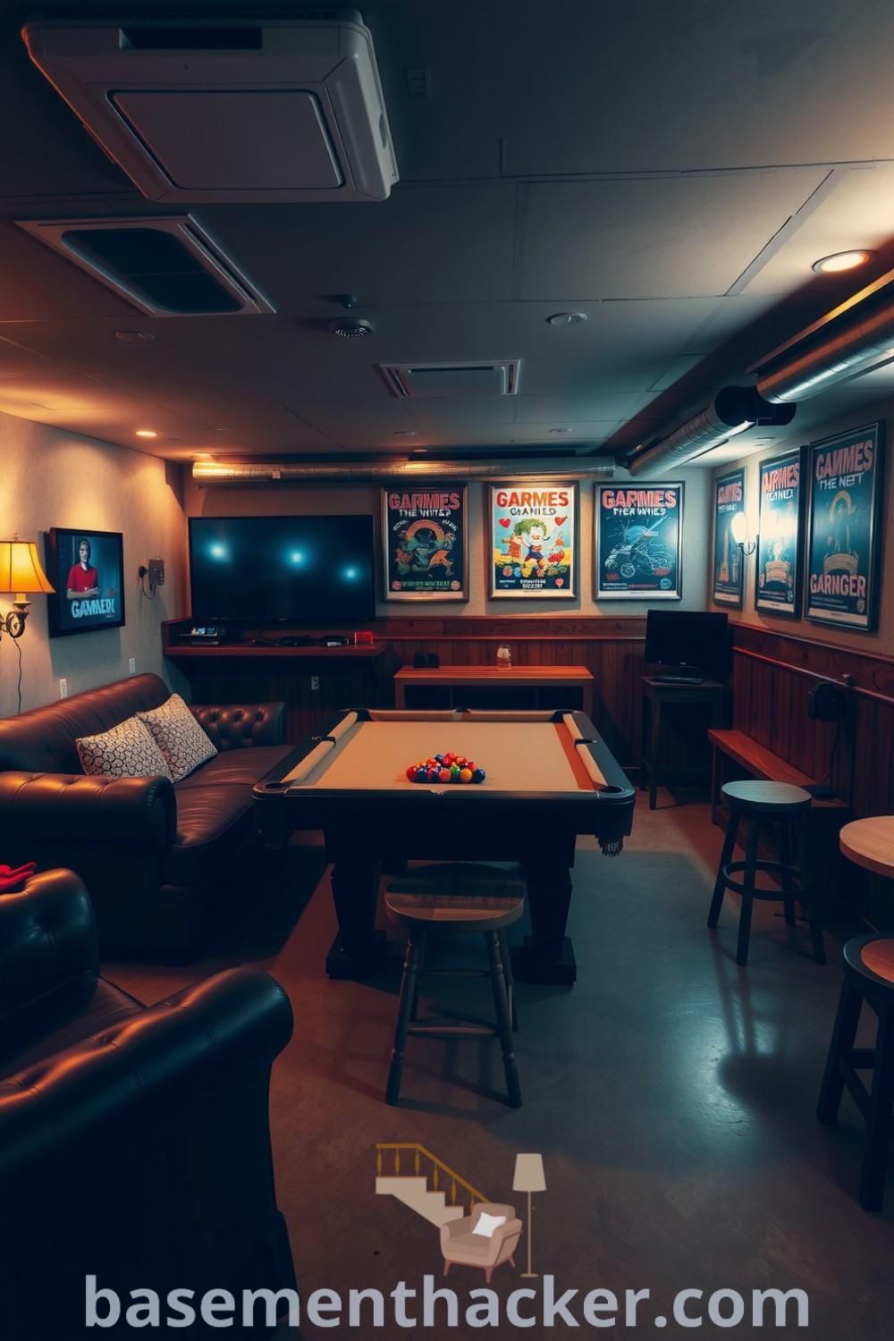 Stylish and inviting basement game room with a wooden bar, oversized couch, vintage gaming posters, and a pool table for ultimate entertaining, featured on basementhacker.com.