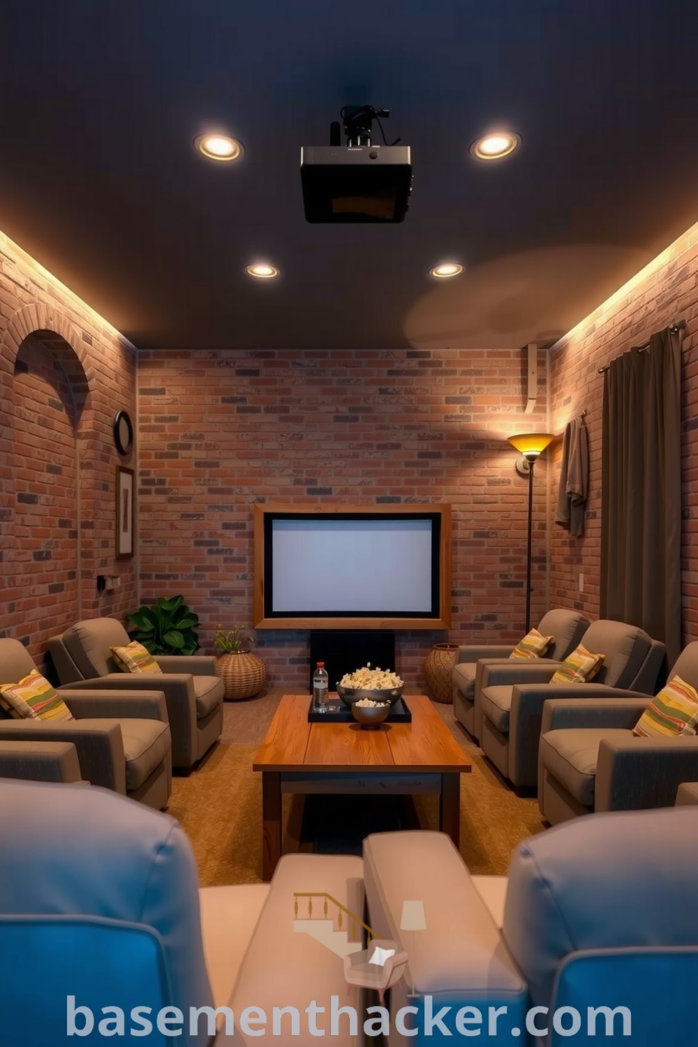 Stylish basement cinema room featuring plush recliners, rustic wood frame screen, soft lighting, and inviting decor for a cozy movie experience, detailed on basementhacker.com.