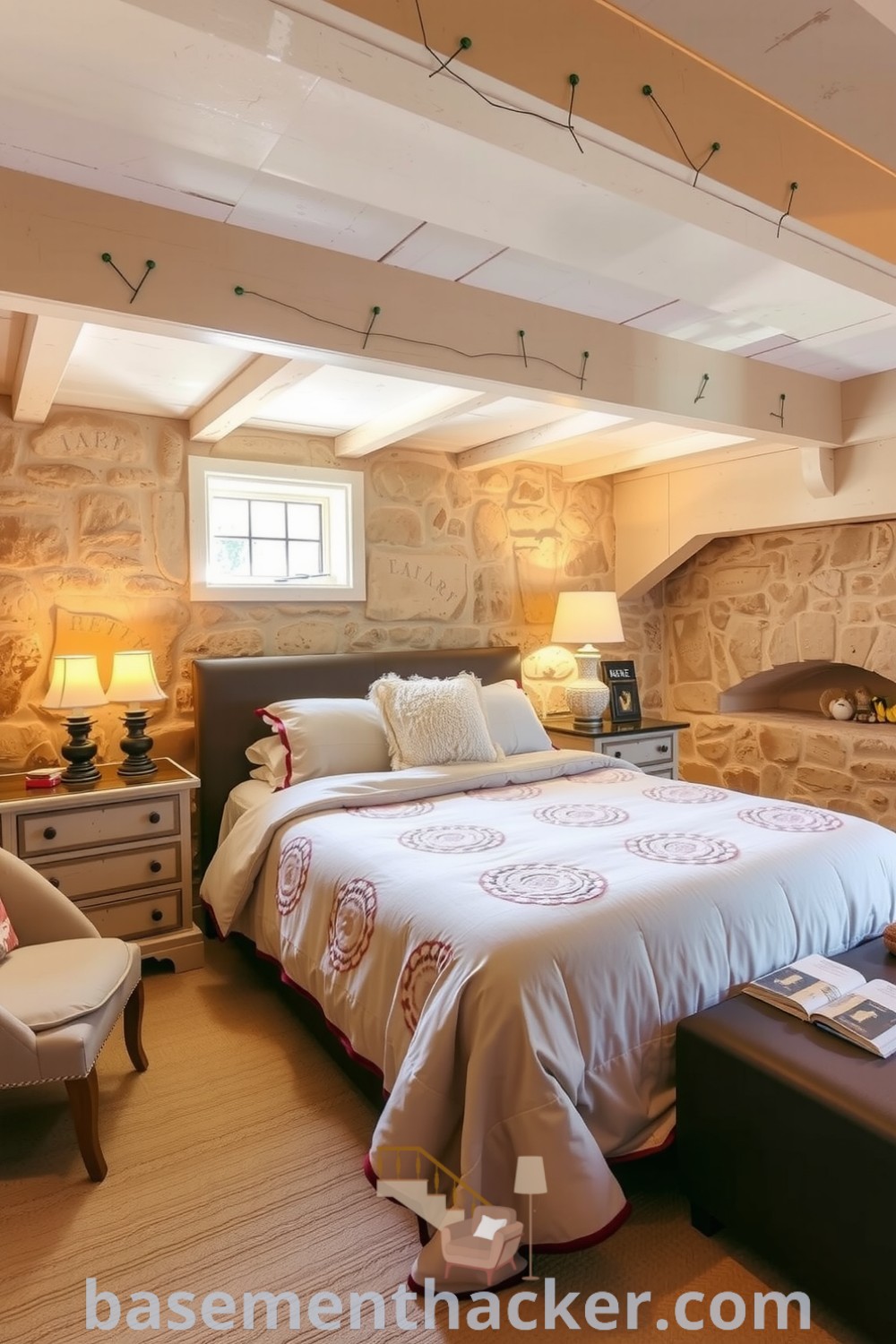 Cozy basement bedroom featuring earthy tones, a full-sized bed with a plush quilt, vintage nightstands with candles, and a reading nook, offering innovative basement makeover ideas for a stylish and functional home design on basementhacker.com.