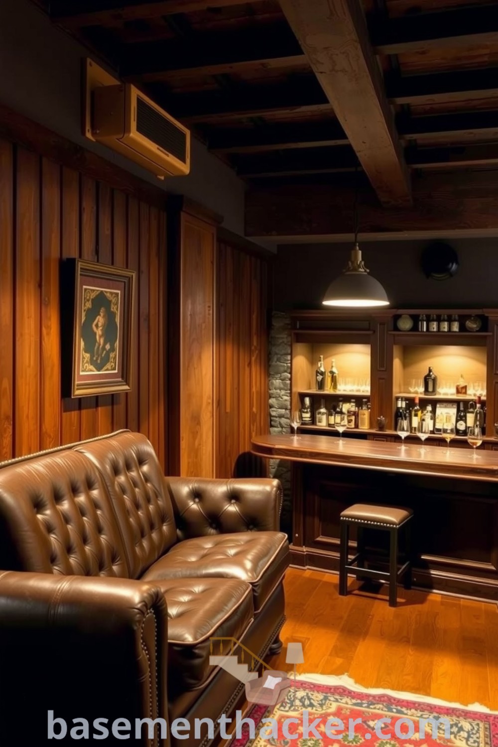 Warm and inviting basement whiskey lounge featuring dark wood paneling, a stone accent wall, plush leather couch, and a vintage bar with bottles, perfect for ultimate entertaining, showcased on basementhacker.com.