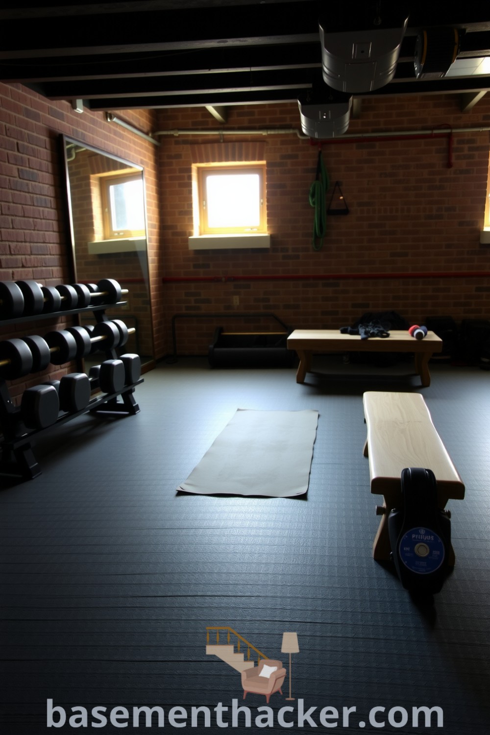 Stylish basement gym with rubber flooring, free weights, and a vintage bench, reflecting sunlight for a cozy atmosphere, featured on basementhacker.com.