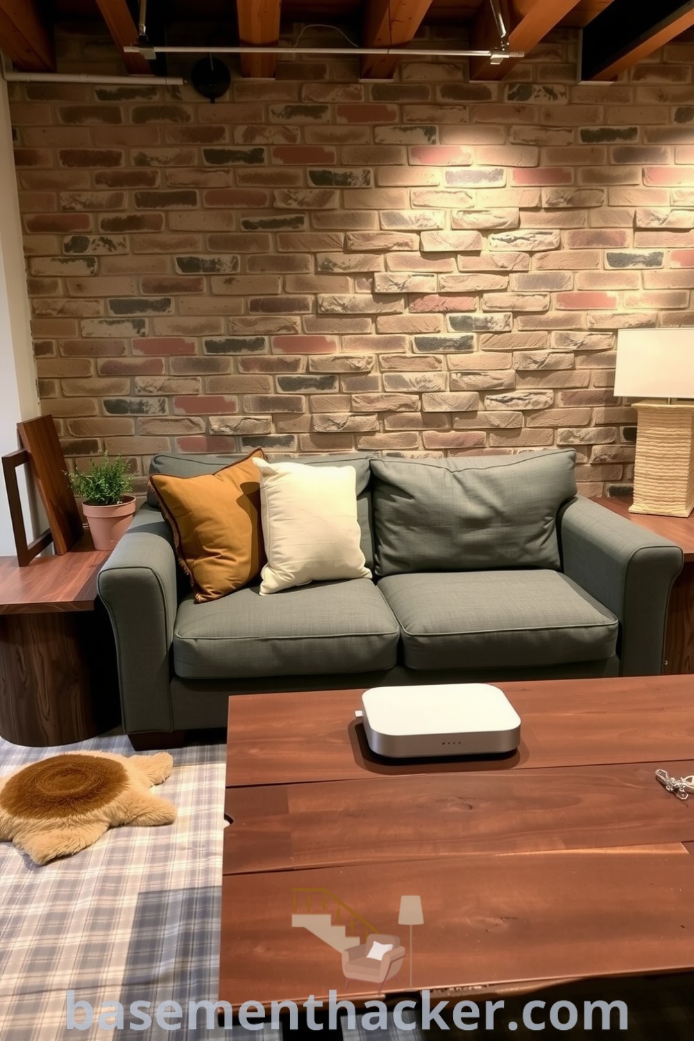 Inviting basement living room with a gray sofa, rustic wooden side tables, and a cozy atmosphere enhanced by smart lighting, perfect for remodeling ideas and stylish bonus space inspiration on basementhacker.com.