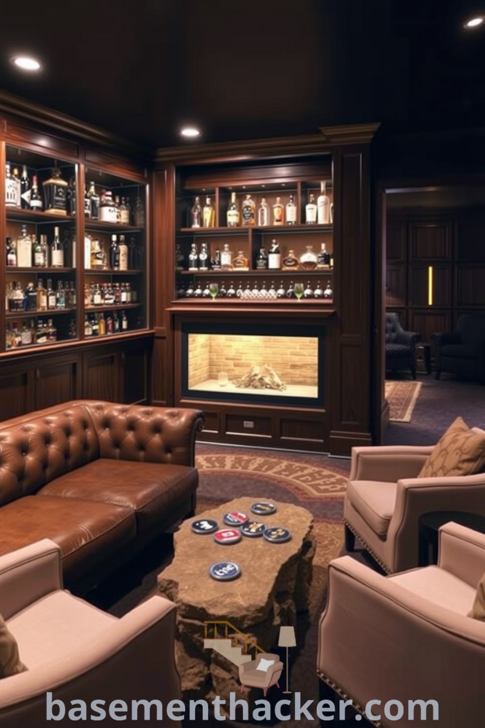 Luxurious basement whiskey lounge with dark wood paneling, leather furniture, ambient lighting, and an impressive whiskey collection, perfect for ultimate entertaining and stylish home design ideas, showcased on basementhacker.com.
