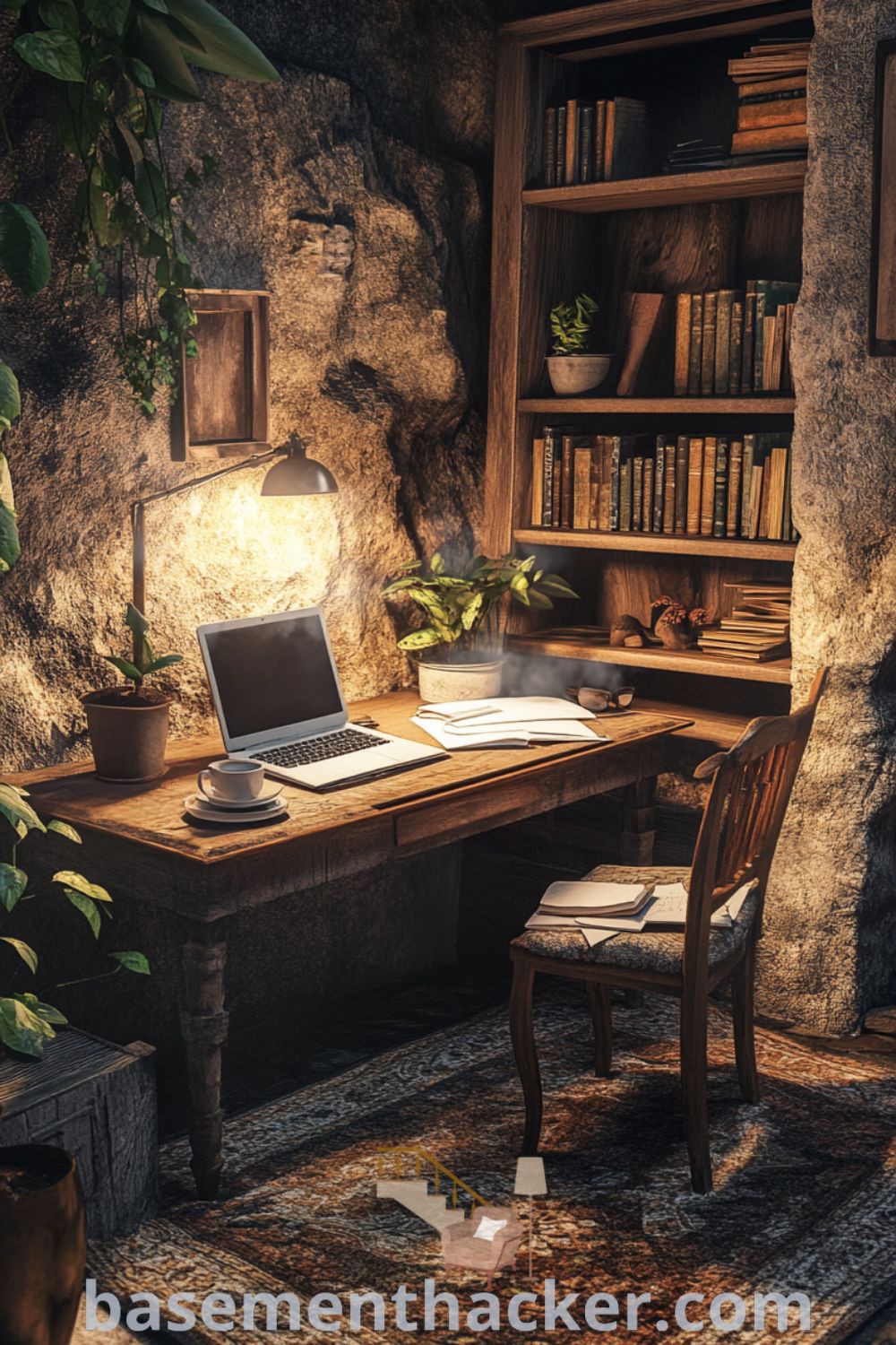 Charming basement office with a vintage desk, laptop, and cozy elements like a steaming mug and potted plants, designed for a stylish and functional home workspace, featured on basementhacker.com.