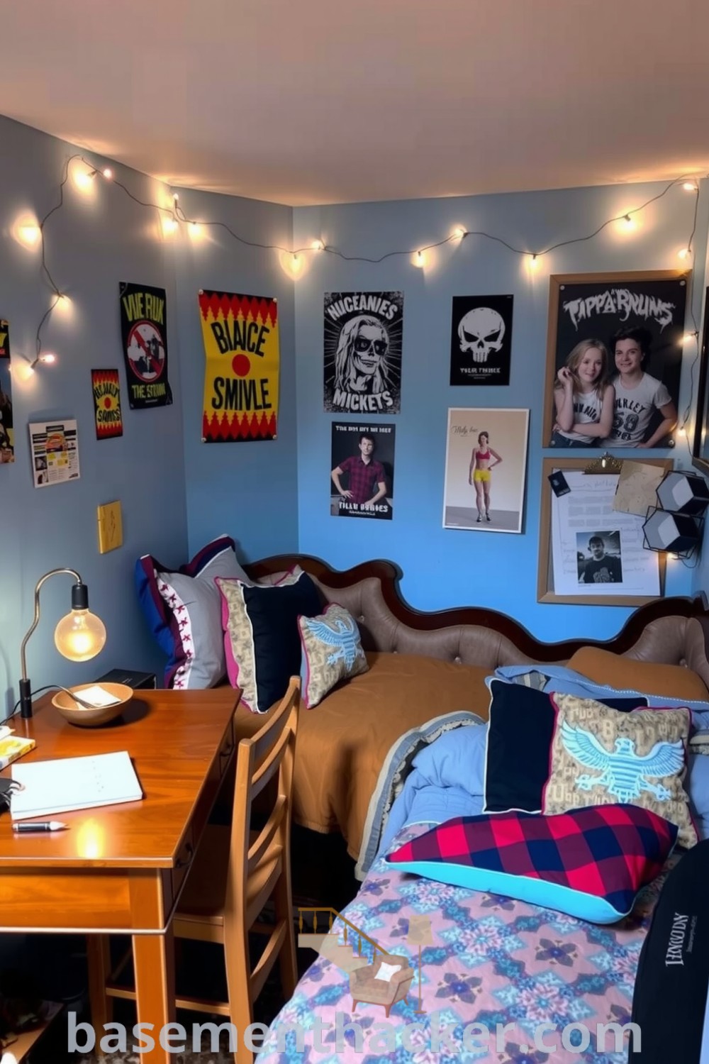 Cozy teen basement bedroom with mismatched quilts, soft blue walls, and personal decor, featuring a cluttered desk and fairy lights for a stylish and organized home design, showcased on basementhacker.com.