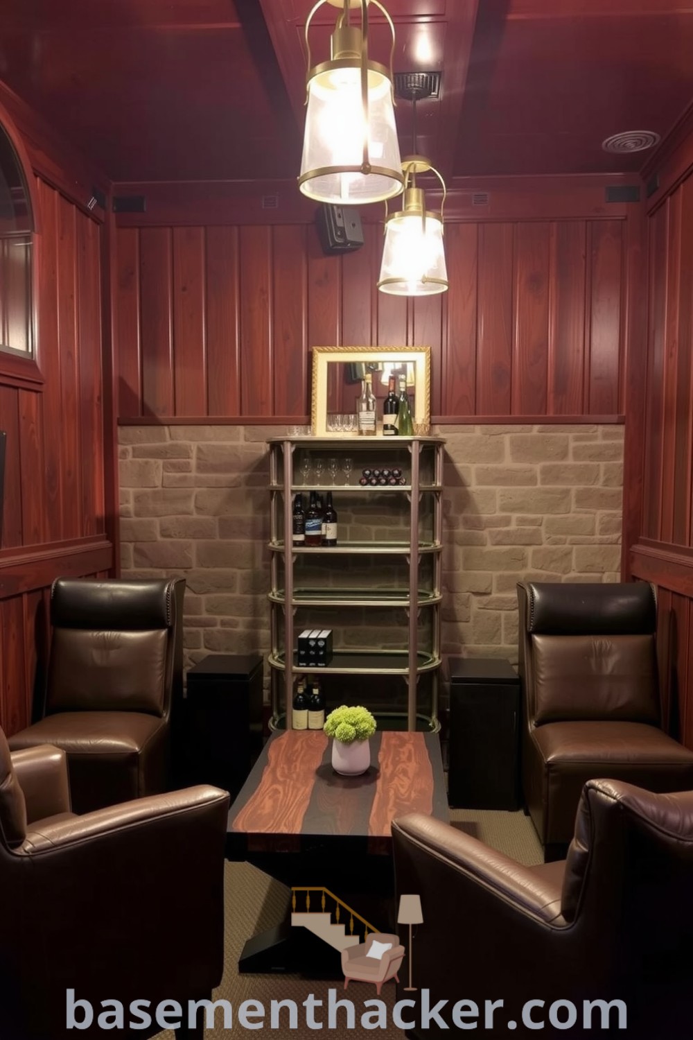 Luxurious basement whiskey lounge featuring dark wood paneling, plush leather chairs, a reclaimed wood coffee table, and a well-stocked whiskey cart under vintage lights, ideal for ultimate entertaining, showcased on basementhacker.com.