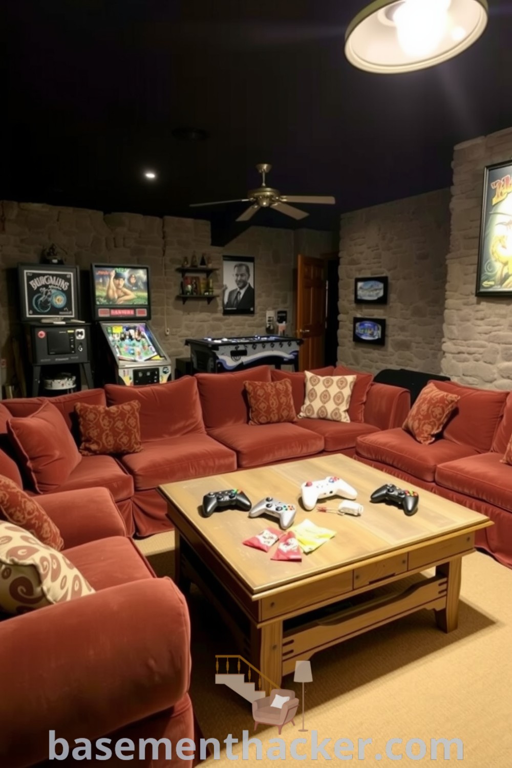 Inviting basement game room featuring a plush sectional, rustic stone wall, and game tables in a cozy setting, highlighted with snacks and controllers, ideal for ultimate entertaining, showcased on basementhacker.com.