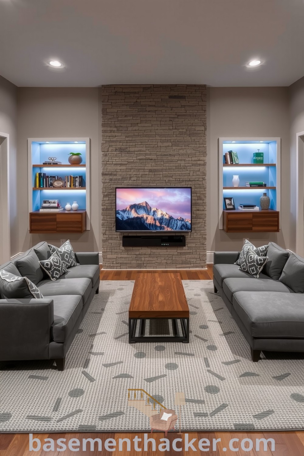 Modern basement living room with a gray sectional, wooden coffee table, ambient smart lighting, and rustic stone wall, showcasing innovative ideas for cozy and organized home design, featured on basementhacker.com.