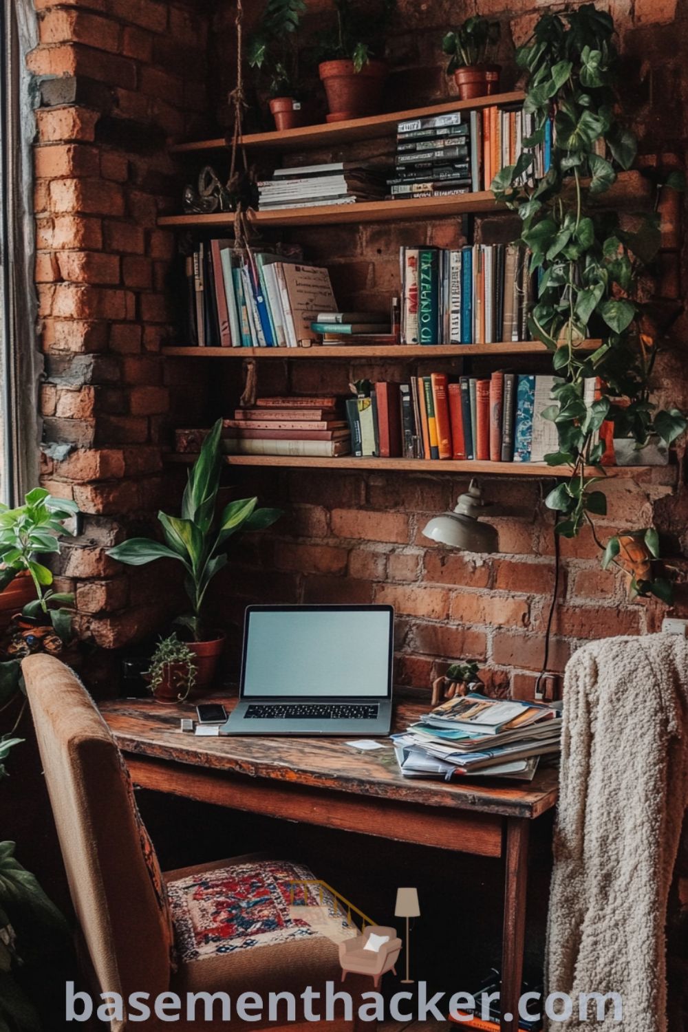 Warm and inviting basement office with a wooden desk, laptop, books, colorful stationery, and cozy armchair, ideal for a stylish and functional home design, featured on basementhacker.com.