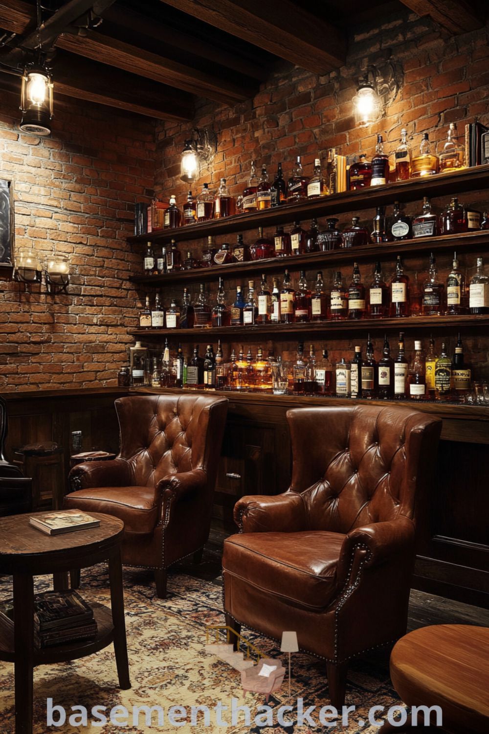 Dimly lit basement whiskey lounge featuring mahogany shelves with glass bottles, leather armchairs, and exposed brick walls, perfect for a stylish and functional home design, showcased on basementhacker.com.