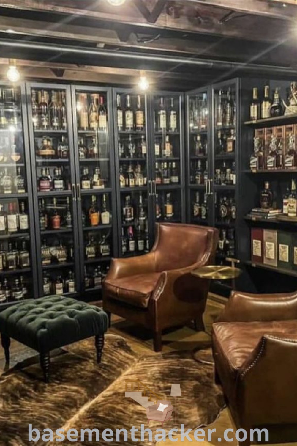 A vintage-inspired room filled with bottles and leather chairs beside a wall of shelves, showcasing innovative ideas for designing a cozy gentleman