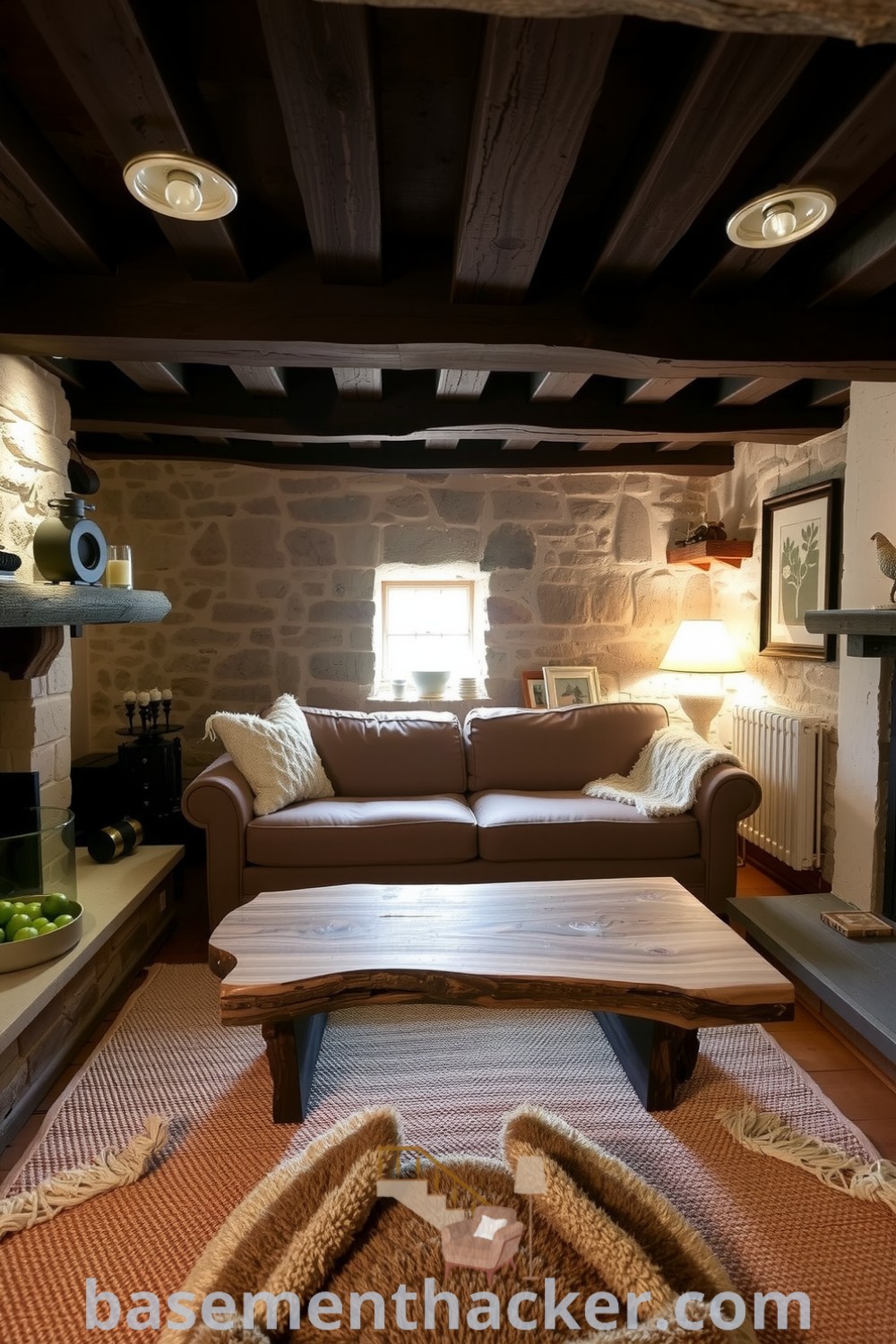 Warm and inviting basement living room with rustic wooden beams, stone walls, plush sofa, and handmade coffee table, highlighted by soft light, ideal for a cozy and organized home design, featured on basementhacker.com.