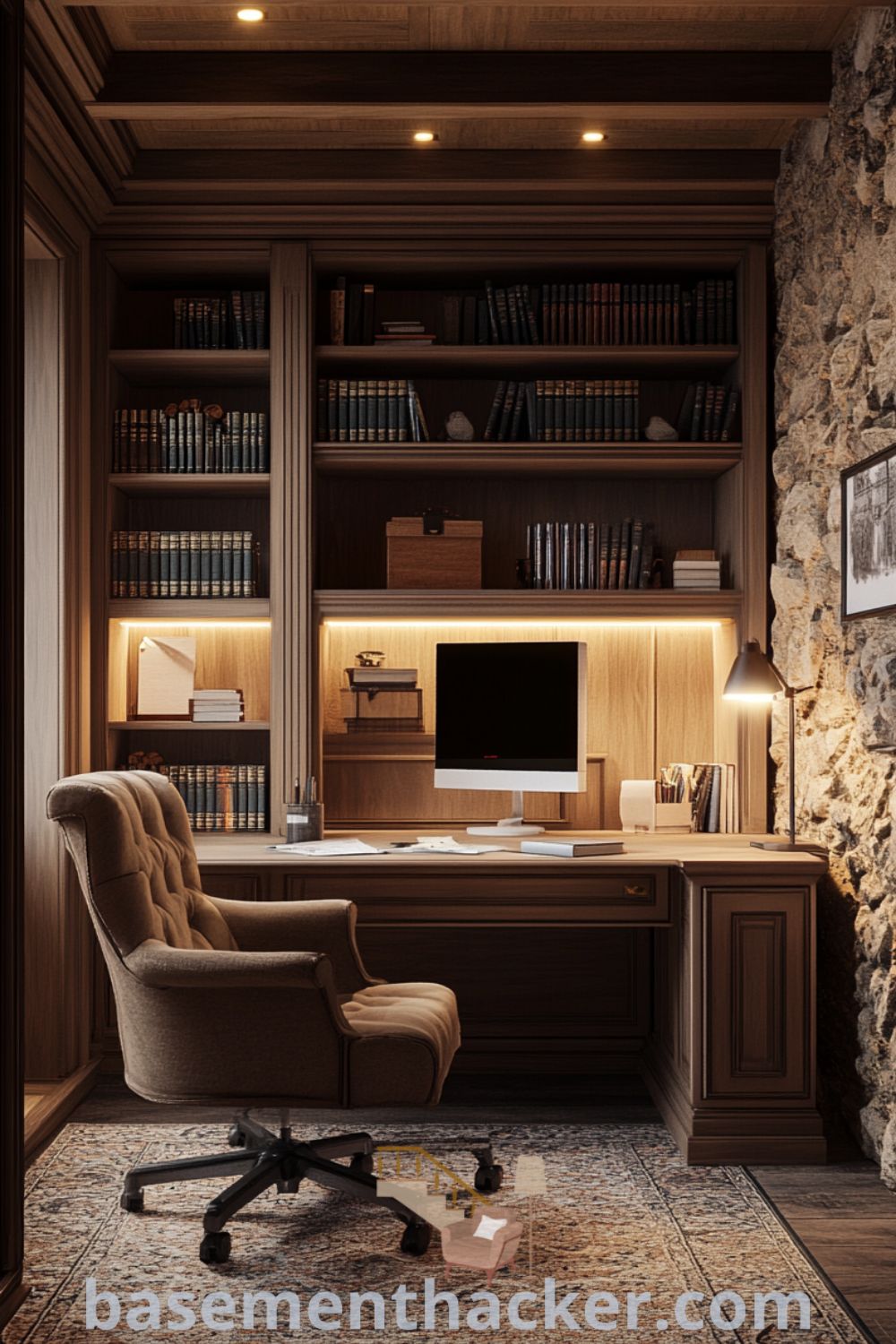 Classic basement office with wood paneling, oak desk, bookshelves, and a cozy armchair, designed for creativity and focus, featured on basementhacker.com.