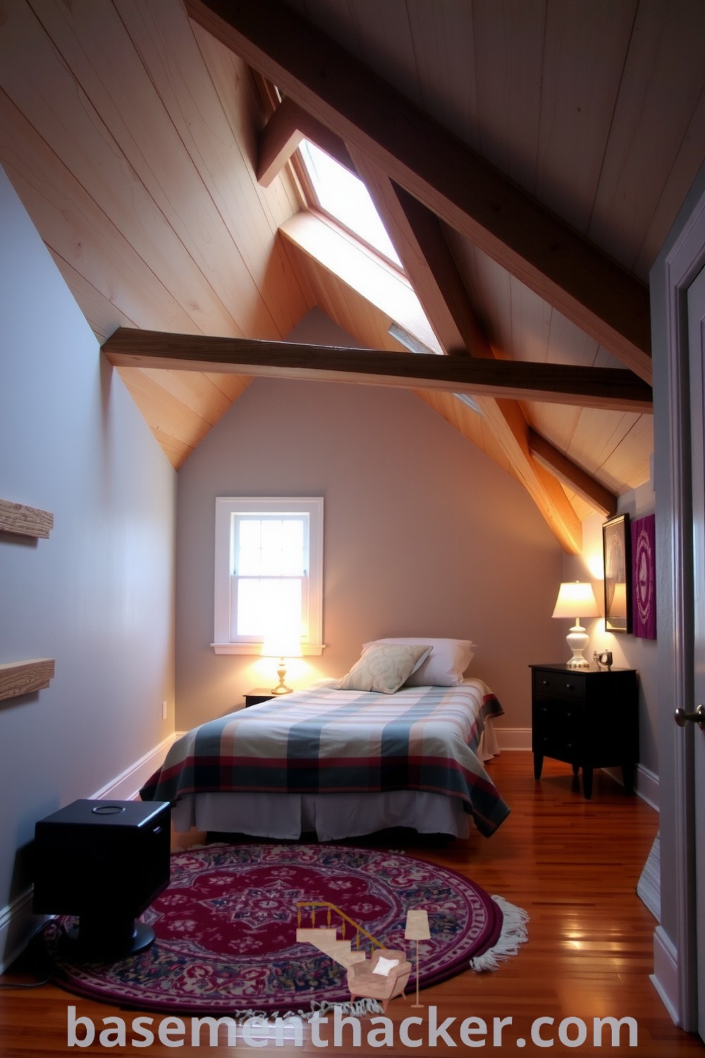 Charming cozy basement bedroom featuring exposed wooden beams, soft gray walls, a patchwork quilt, and vintage lamp, perfect for a stylish and functional home design showcased on basementhacker.com.