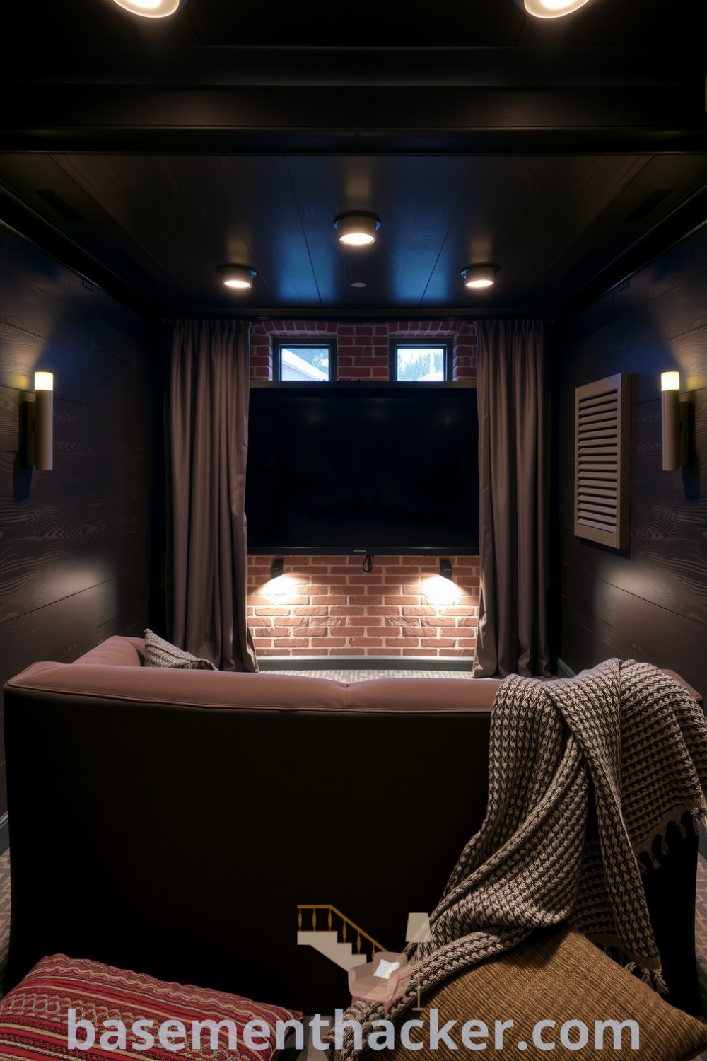 Stylish basement cinema room featuring a plush velvet couch, dark-stained wooden paneling, and exposed brick wall, showcasing cozy decor ideas for a stylish bonus space perfect for the whole family, highlighted on basementhacker.com.