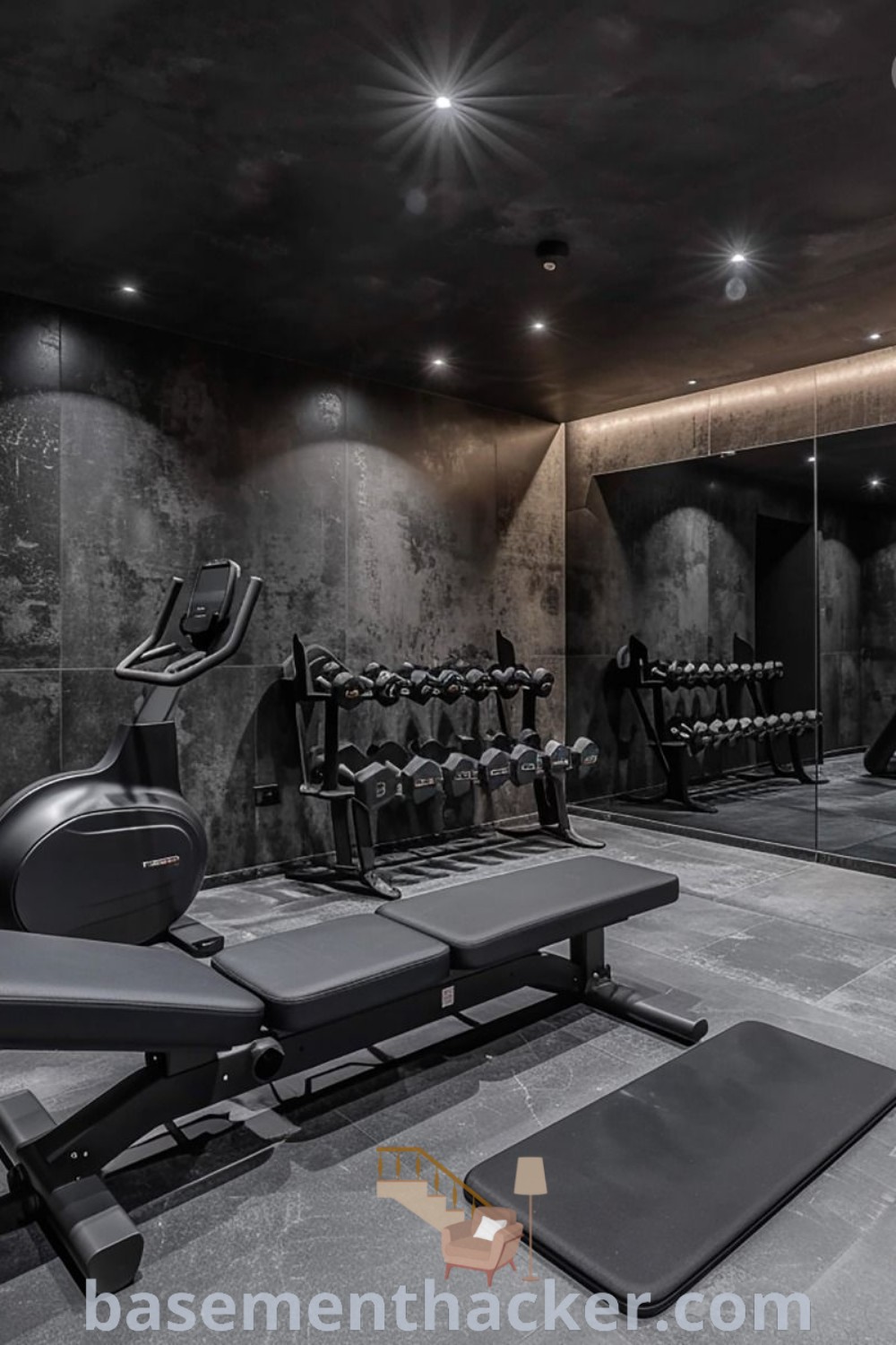 A beautifully designed basement home gym featuring elegant lighting and organized equipment for a functional and stylish workout space. This innovative gym layout offers ideas for a luxury home gym, highlighting decor that promotes relaxation and fitness. Discover more design tips at basementhacker.com.