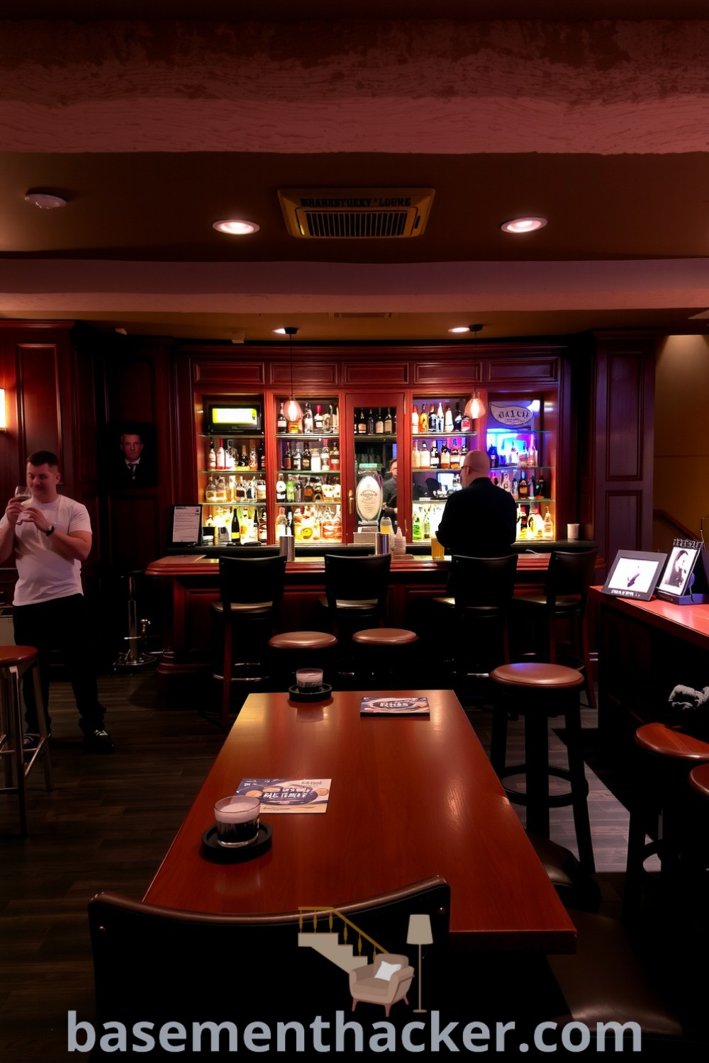 Stylish basement whiskey lounge with dark hardwood floors, mahogany bar, leather stools, and warm lighting, perfect for ultimate entertaining, featured on basementhacker.com.