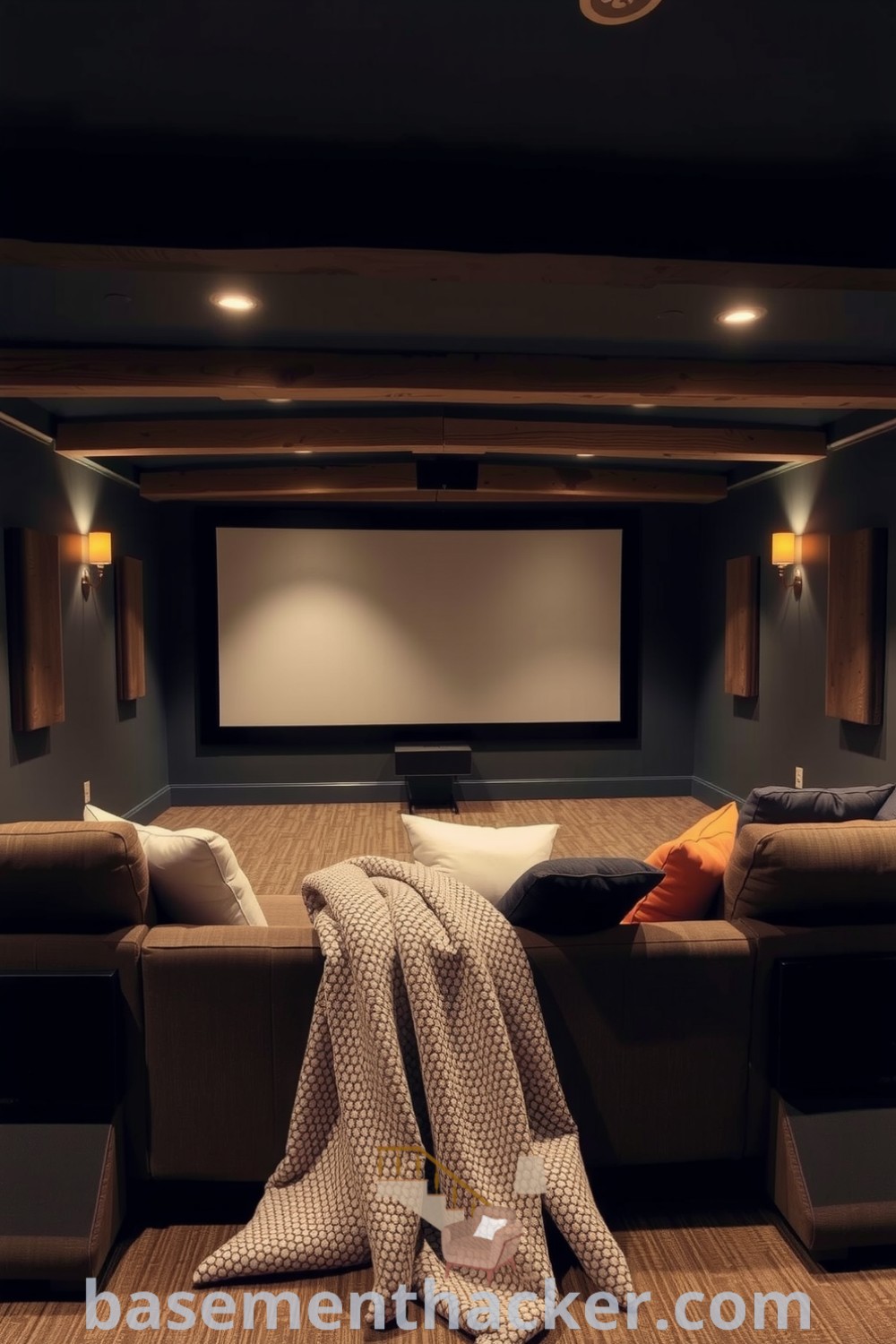Cozy basement cinema featuring a plush sofa, rustic wooden beams, soft throw pillows, and ambient lighting for ultimate entertaining, showcased on basementhacker.com.