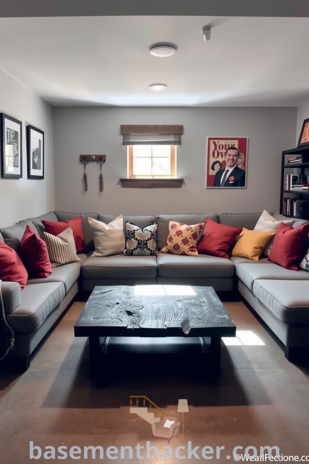 Stylish basement living room with a gray sectional, eclectic throw pillows, and a rustic coffee table, featuring polished concrete floors and personal artwork for a cozy and organized home design, showcased on basementhacker.com.