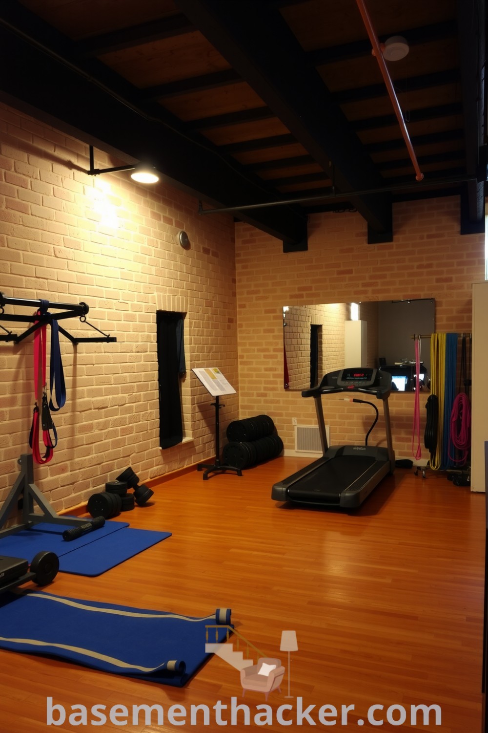 Cozy and inviting basement gym with exposed brick walls, wooden beams, weights, exercise mats, and colorful resistance bands, providing innovative ideas for designing a stylish and functional home space, featured on basementhacker.com.
