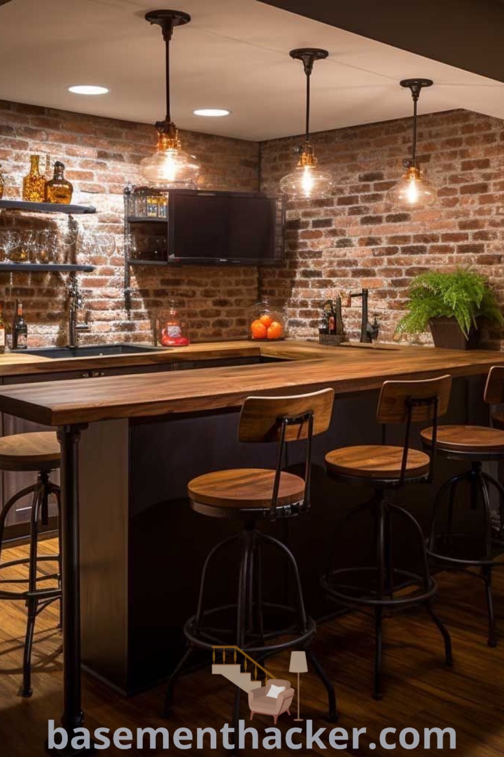 A kitchen with brick walls and wooden flooring showcases a stylish basement bar with bar stools at the center, featuring awesome design ideas for ultimate entertaining. Discover innovative basement makeover ideas for a functional and cozy space perfect for every family gathering at basementhacker.com.