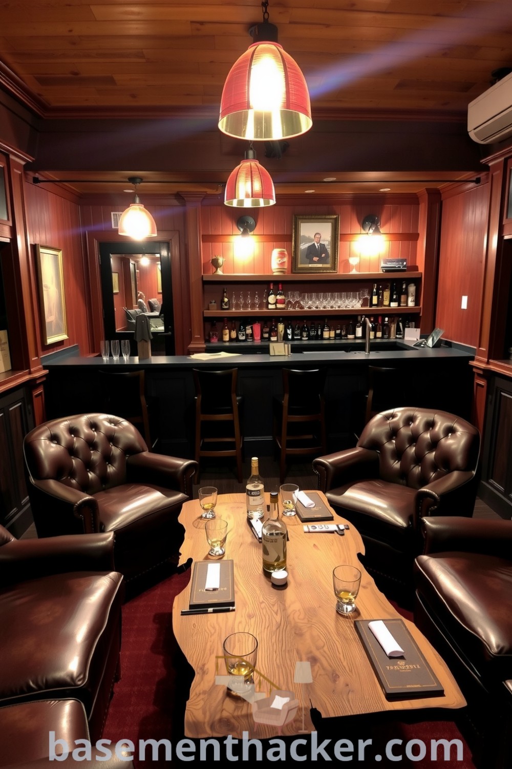 Warm and inviting whiskey lounge in the basement with leather chairs, reclaimed oak table, dark wood paneling, and vintage pendant lights, showcasing innovative ideas for designing a cozy and organized home, featured on basementhacker.com.