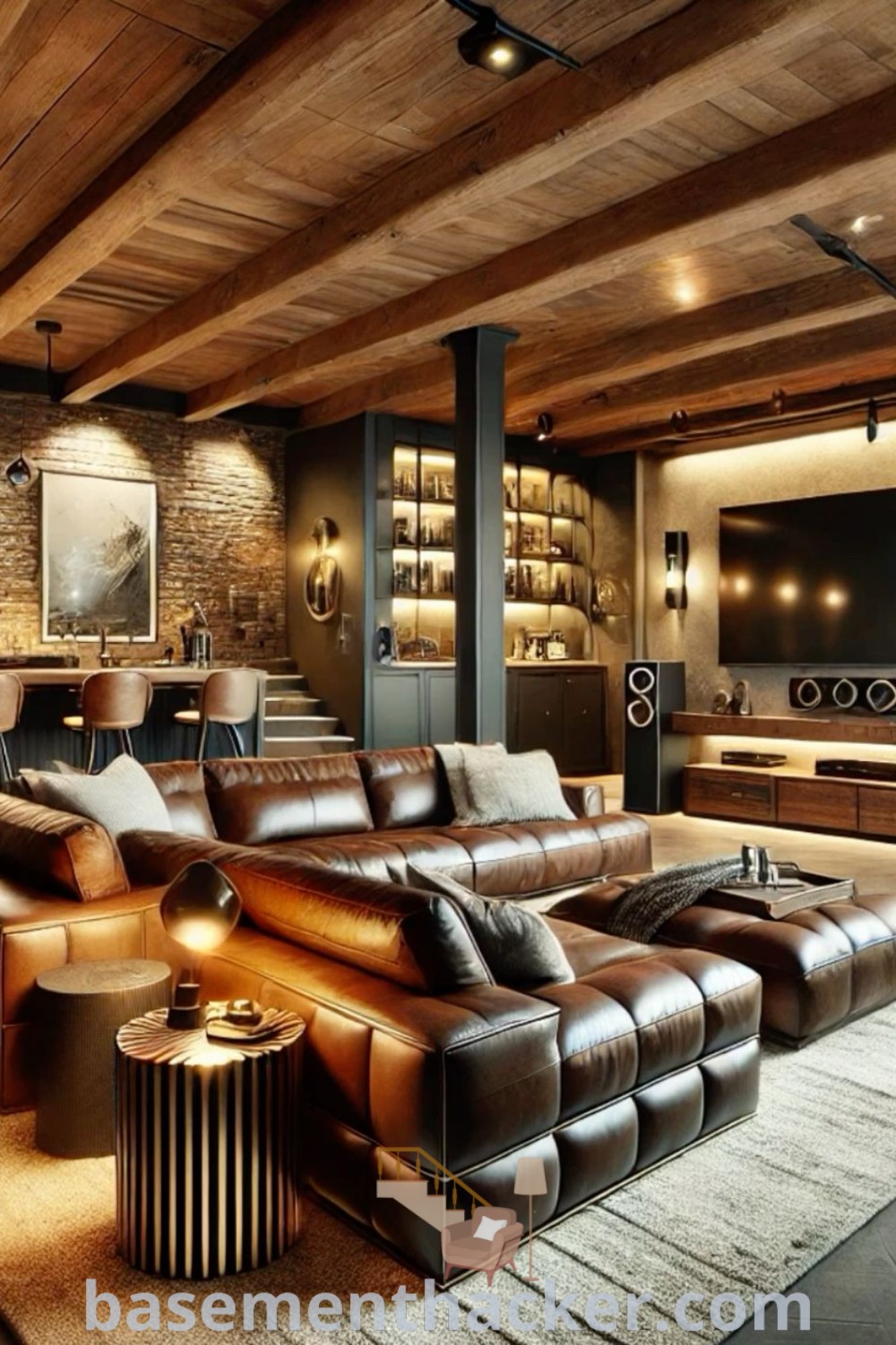 A stylish open-plan basement filled with furniture, a wall-mounted TV, and a wooden ceiling, showcasing innovative ideas for designing a moody man cave or entertainment bar room. Perfect for basementhacker.com, this setup combines functionality and aesthetic charm for a cozy and stylish home.