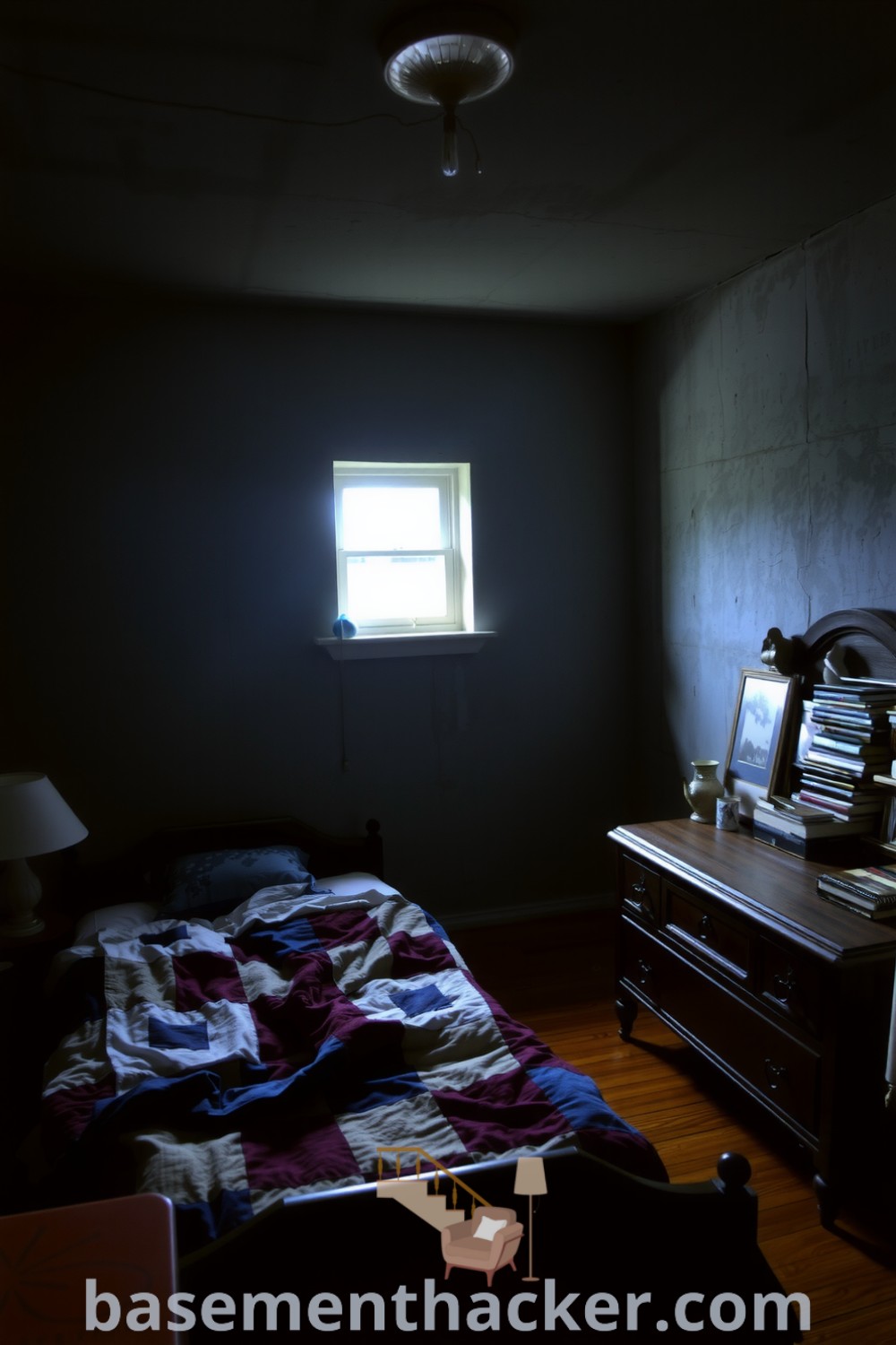 Cozy basement bedroom featuring a wooden bed with rumpled sheets, colorful patchwork quilt, and a scuffed dresser filled with books and knick-knacks, ideal for innovative basement makeover ideas and personal comfort, showcased on basementhacker.com.