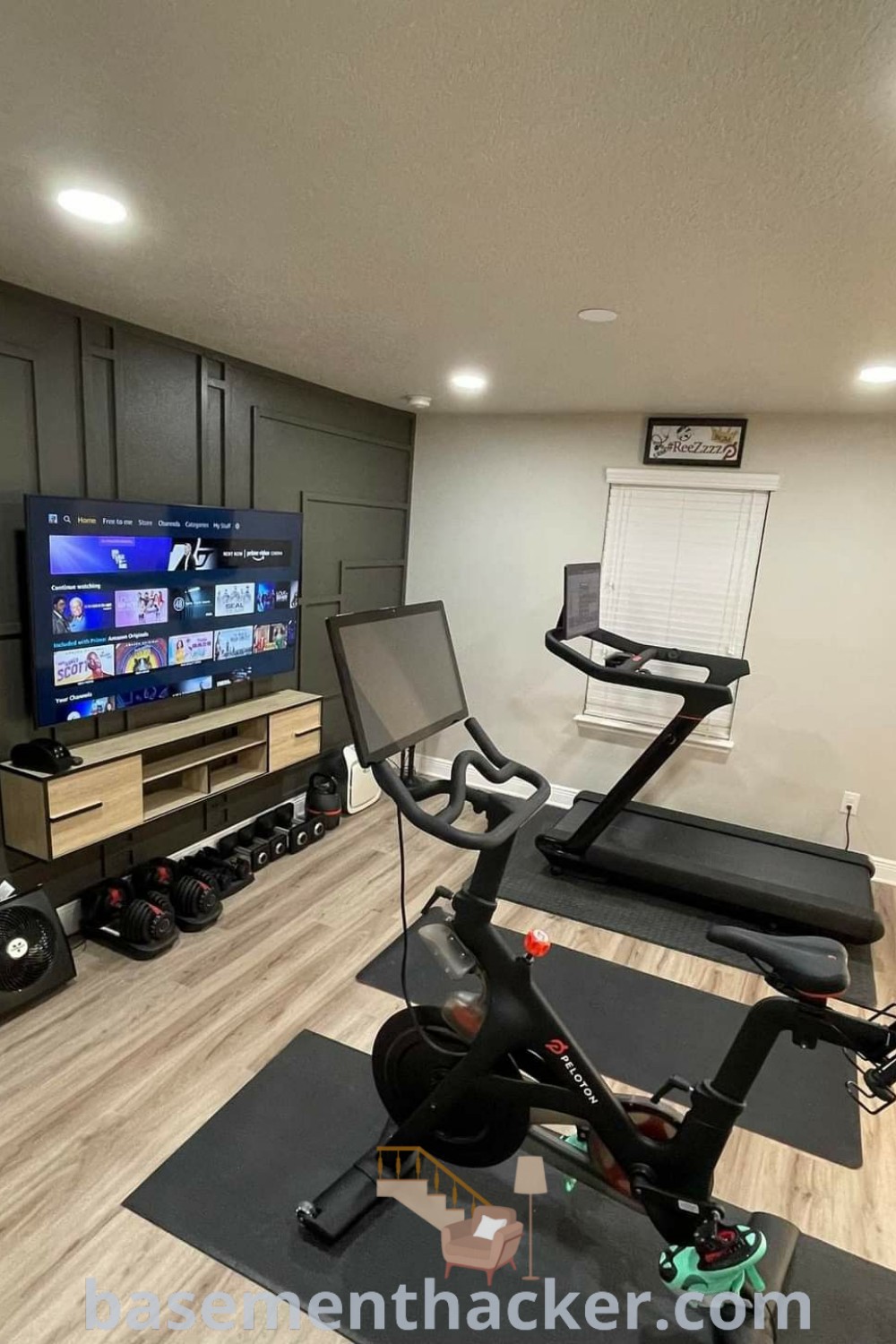 A well-designed home gym with treadmills and exercise equipment, featuring thoughtful decor for a stylish and functional workout space. Ideal for innovative basement makeover ideas and creating cozy areas for family engagement. For more home gym inspirations, visit basementhacker.com.