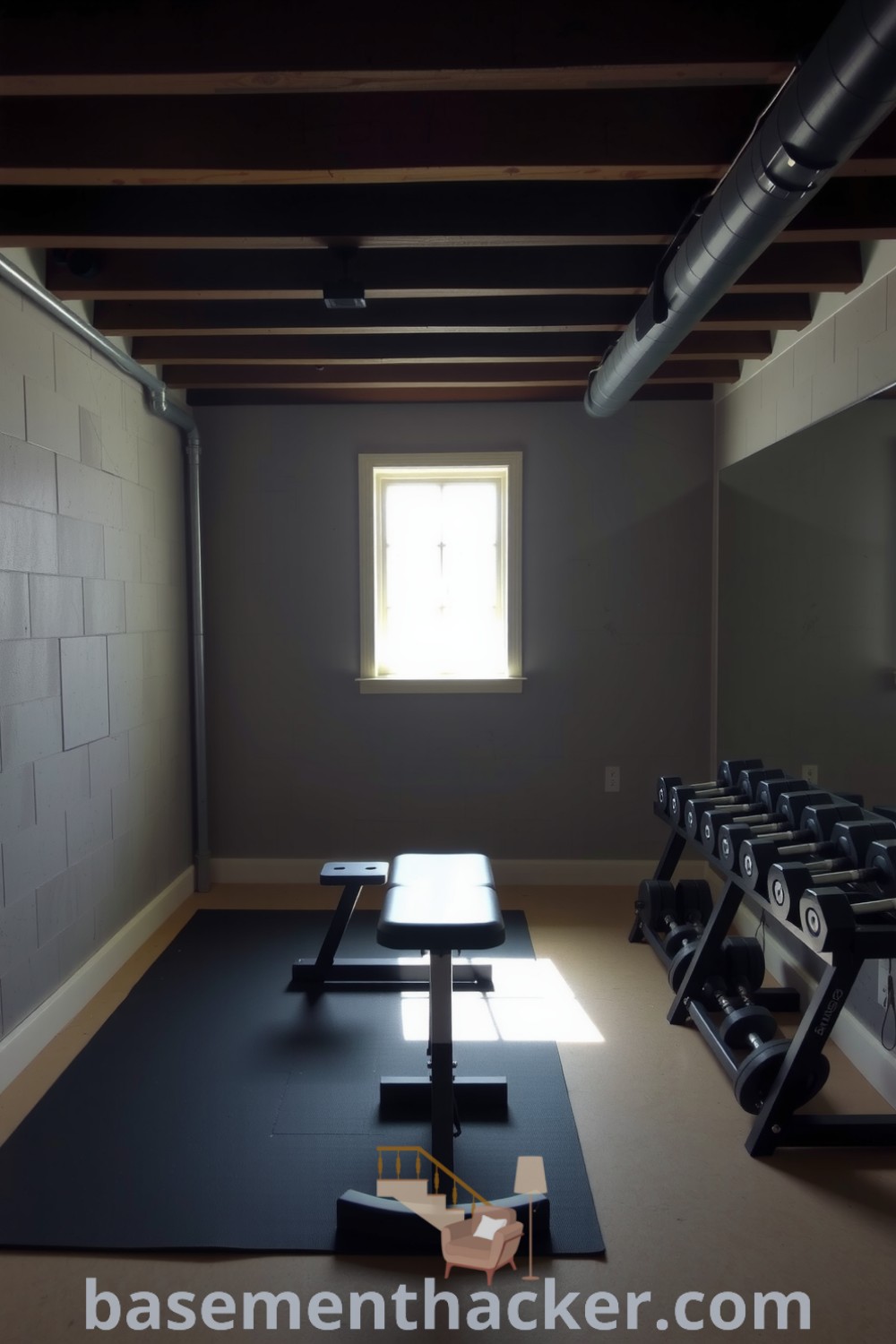 Rustic basement gym featuring exposed wooden beams, a weight bench, and free weights, bathed in natural light, creating an inviting atmosphere for fitness, showcased on basementhacker.com.